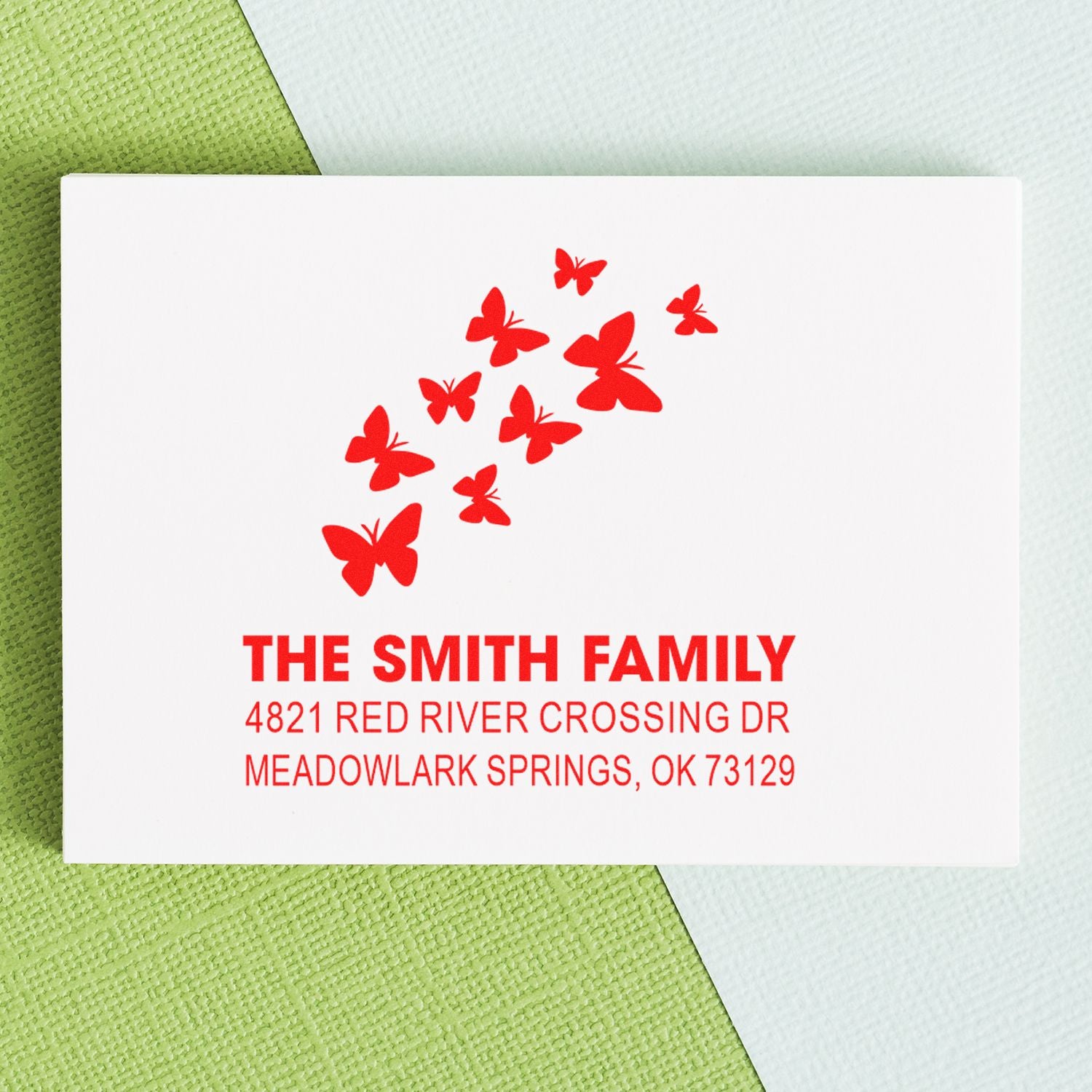 Personalized family address rubber stamp with red butterflies, The Smith Family, 4821 Red River Crossing Dr, Meadowlark Springs, OK 73129