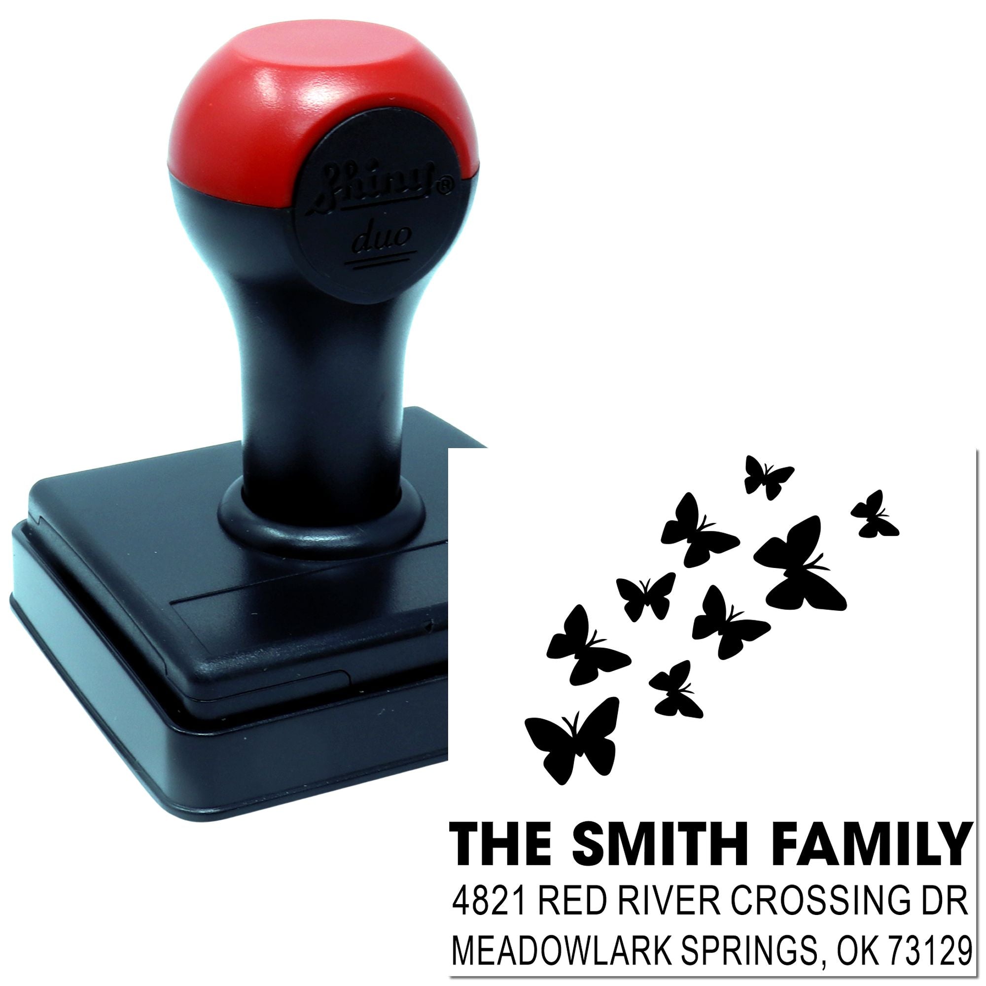 Personalized self-inking rubber stamp with butterfly design, custom family name and address for return envelopes, cards and mailing labels