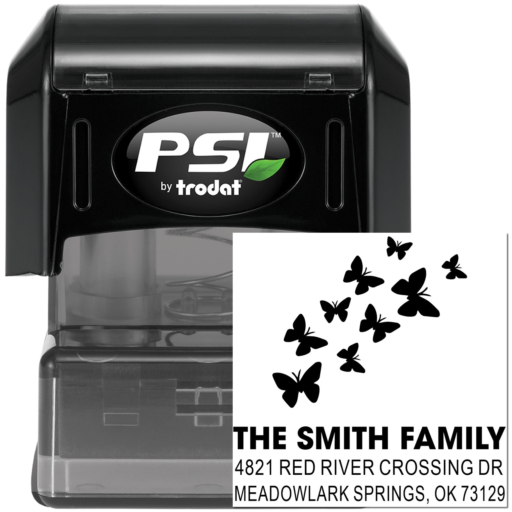 Personalized butterfly address rubber stamp with PSI by Trodat self-inking stamp, featuring custom family name, street address, city, and ZIP code.