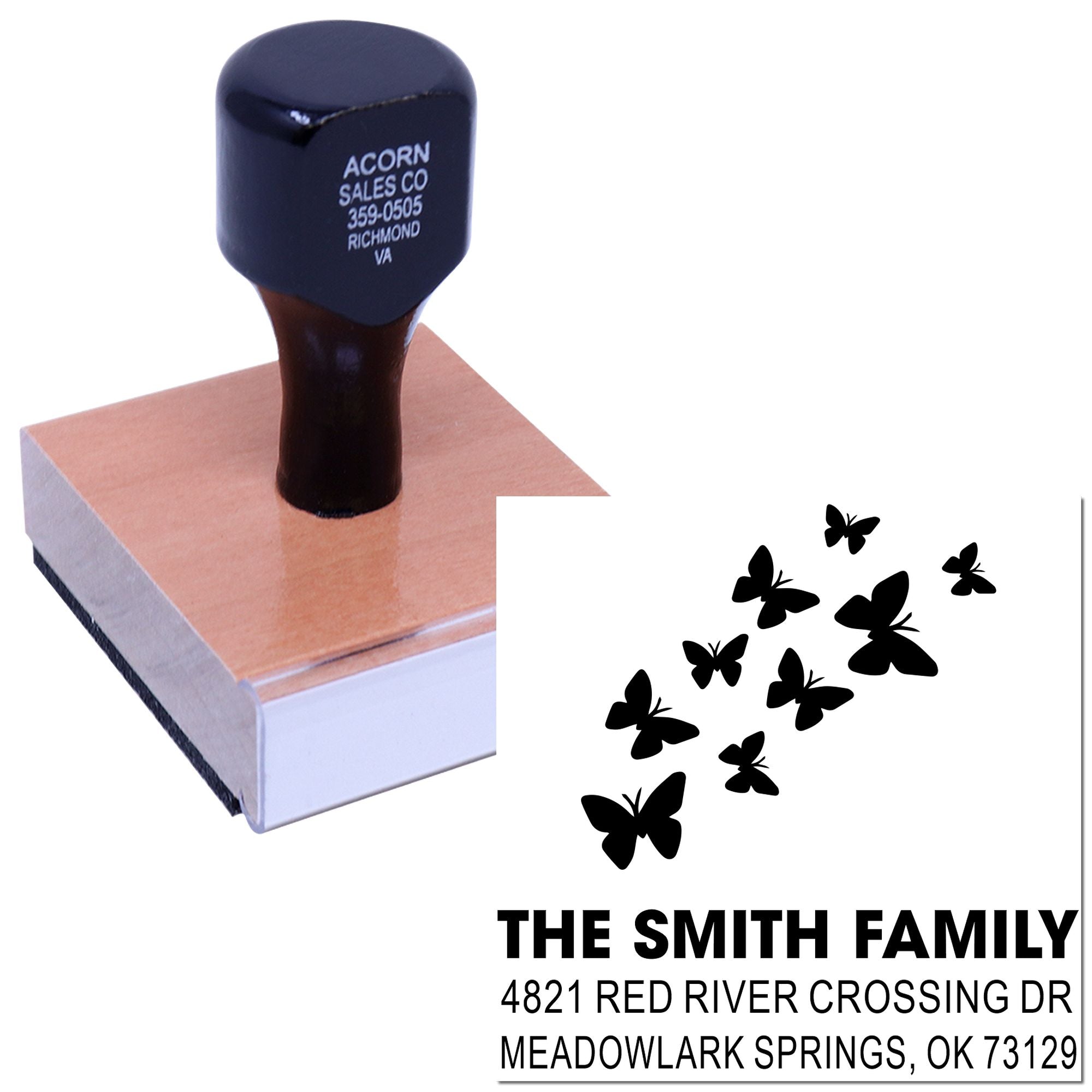 Custom rubber address stamp with butterfly design, personalized family name and address, ideal for envelopes, crafts, and wedding stationery.