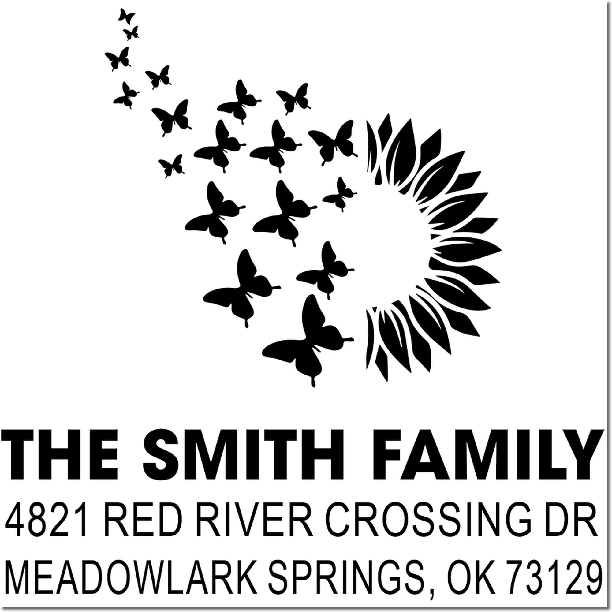 Custom rubber address stamp with butterfly and leaf design, featuring The Smith Family, 4821 Red River Crossing Dr, Meadowlark Springs, OK 73129
