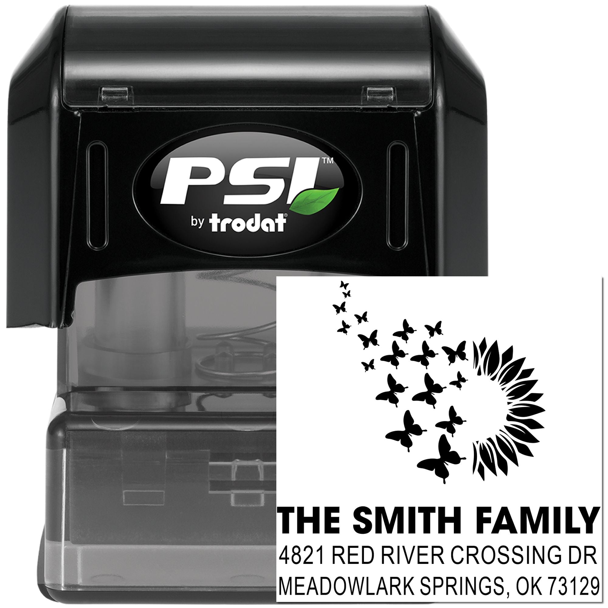 Custom self-inking address rubber stamp with butterfly design, PSI by Trodat, personalized family name and return address for mailing.