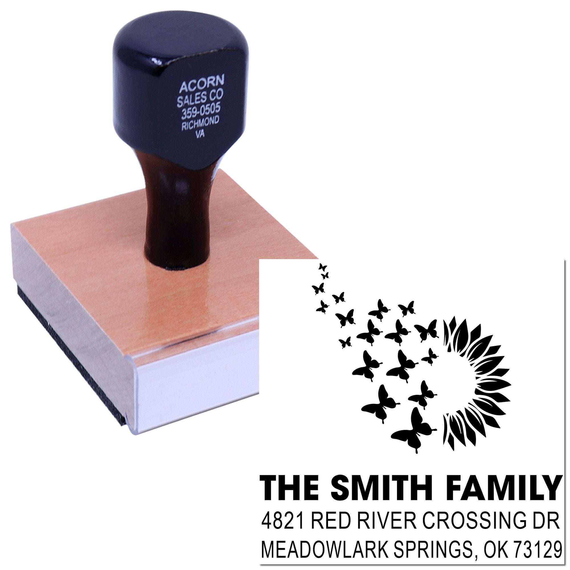 Custom rubber address stamp with butterfly and leaf wreath design, featuring The Smith Family and personalized mailing address for home use.
