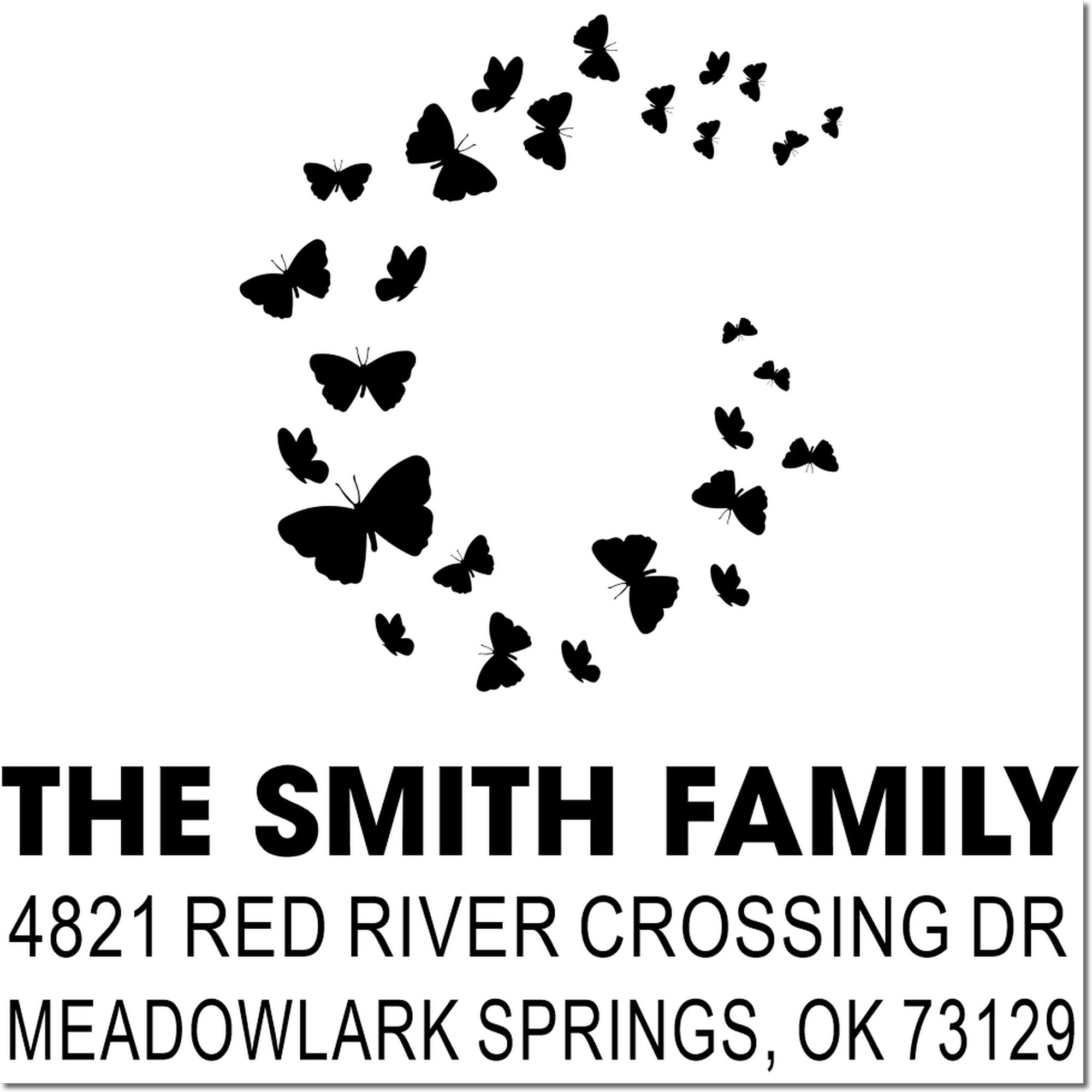 Custom butterfly return address rubber stamp with black butterfly circle design, The Smith Family, 4821 Red River Crossing Dr, Meadowlark Springs OK 73129