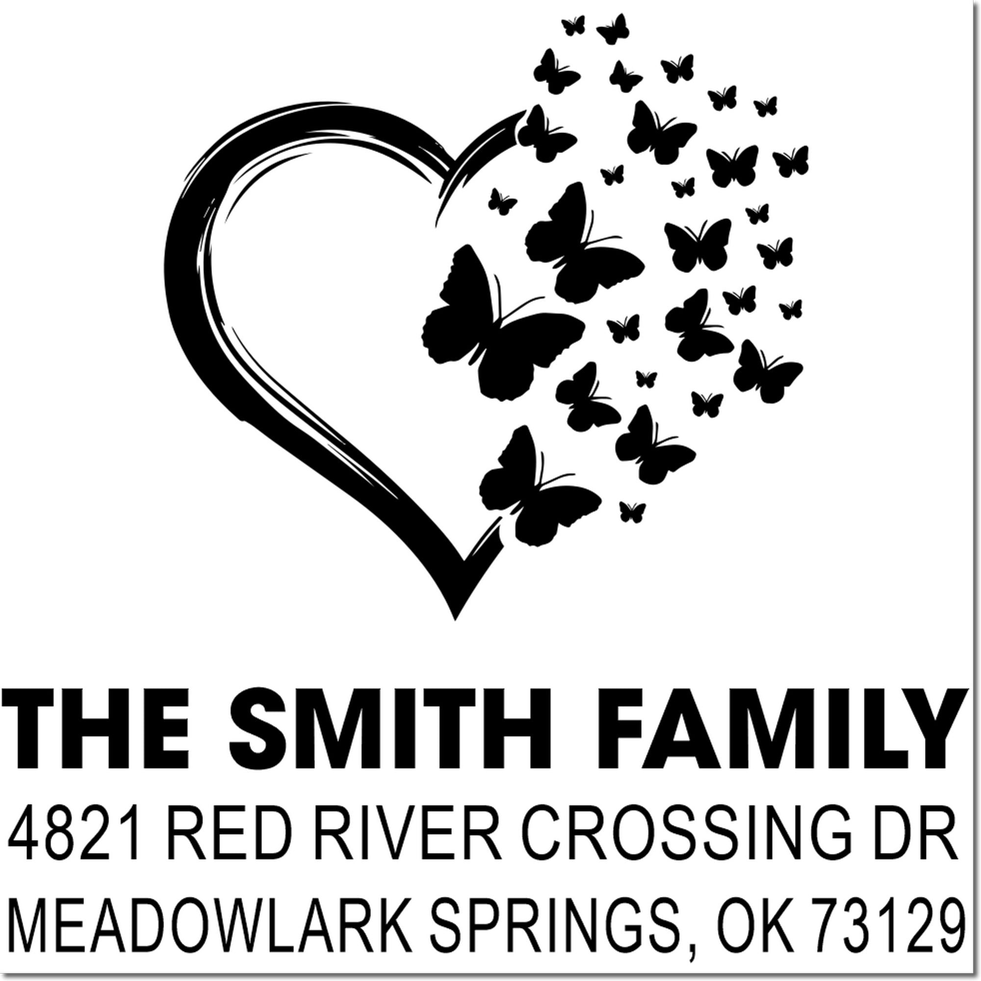 Custom self-inking address stamp with heart and butterfly design, featuring The Smith Family, 4821 Red River Crossing Dr, Meadowlark Springs OK 73129