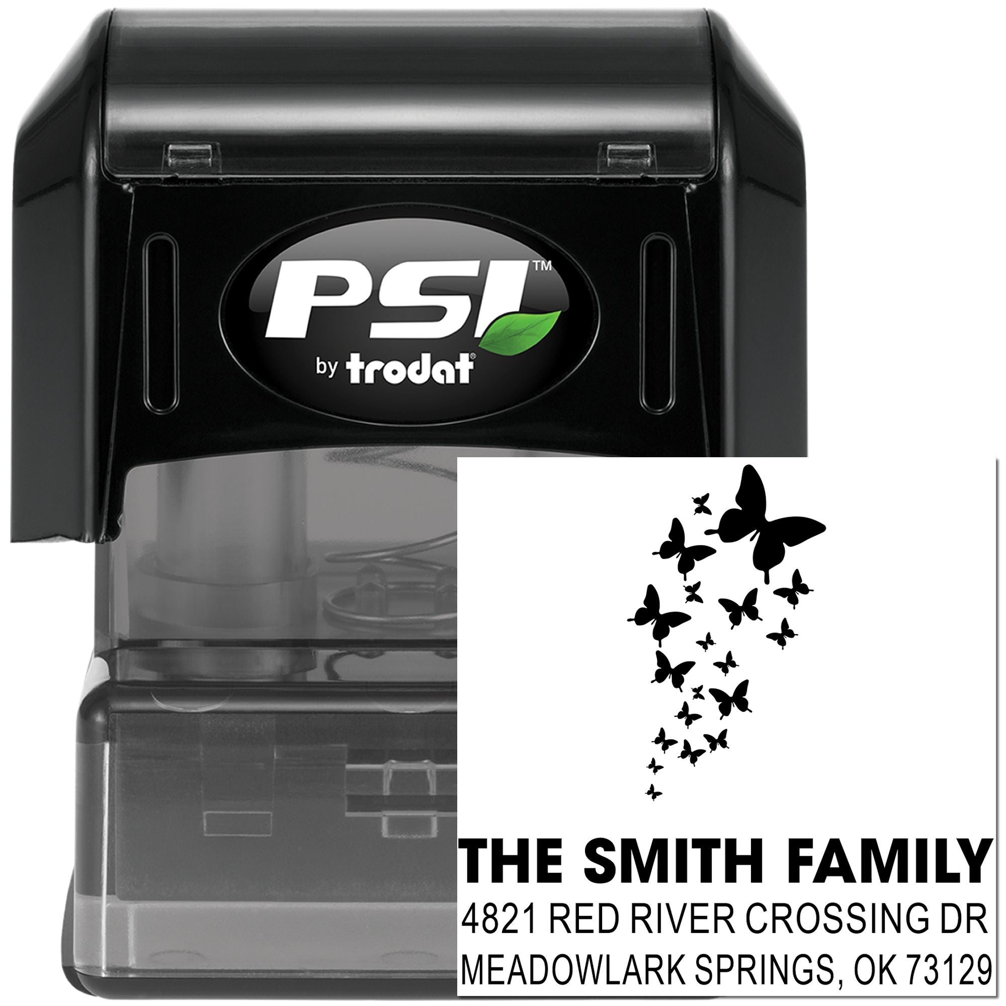 PSI by Trodat self-inking address stamp with custom butterfly family return address design, black stamp body, and personalized mailing imprint for home or business use