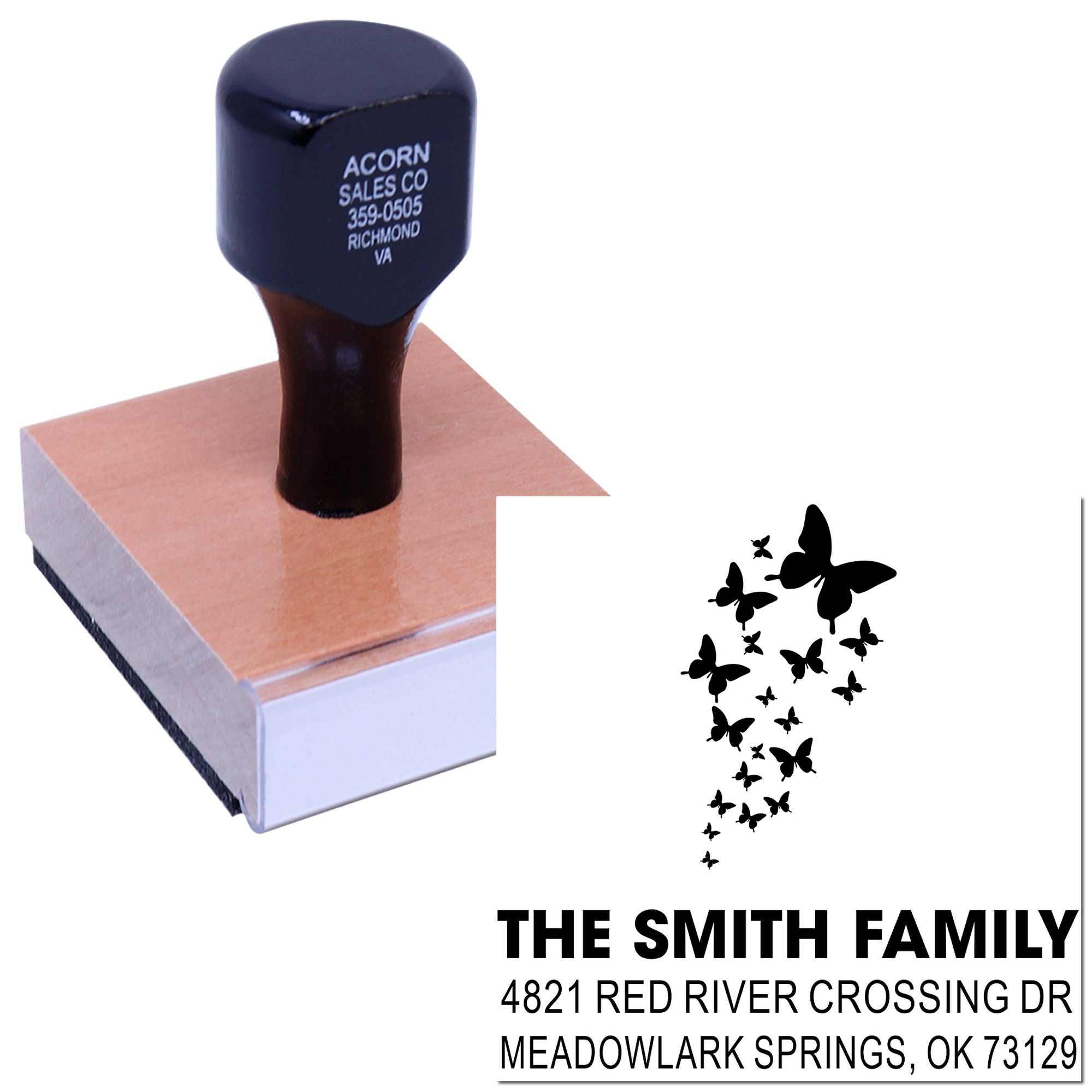 Custom rubber address stamp with butterfly family design, personalized name and home address for wedding invitations, mail, and craft use.