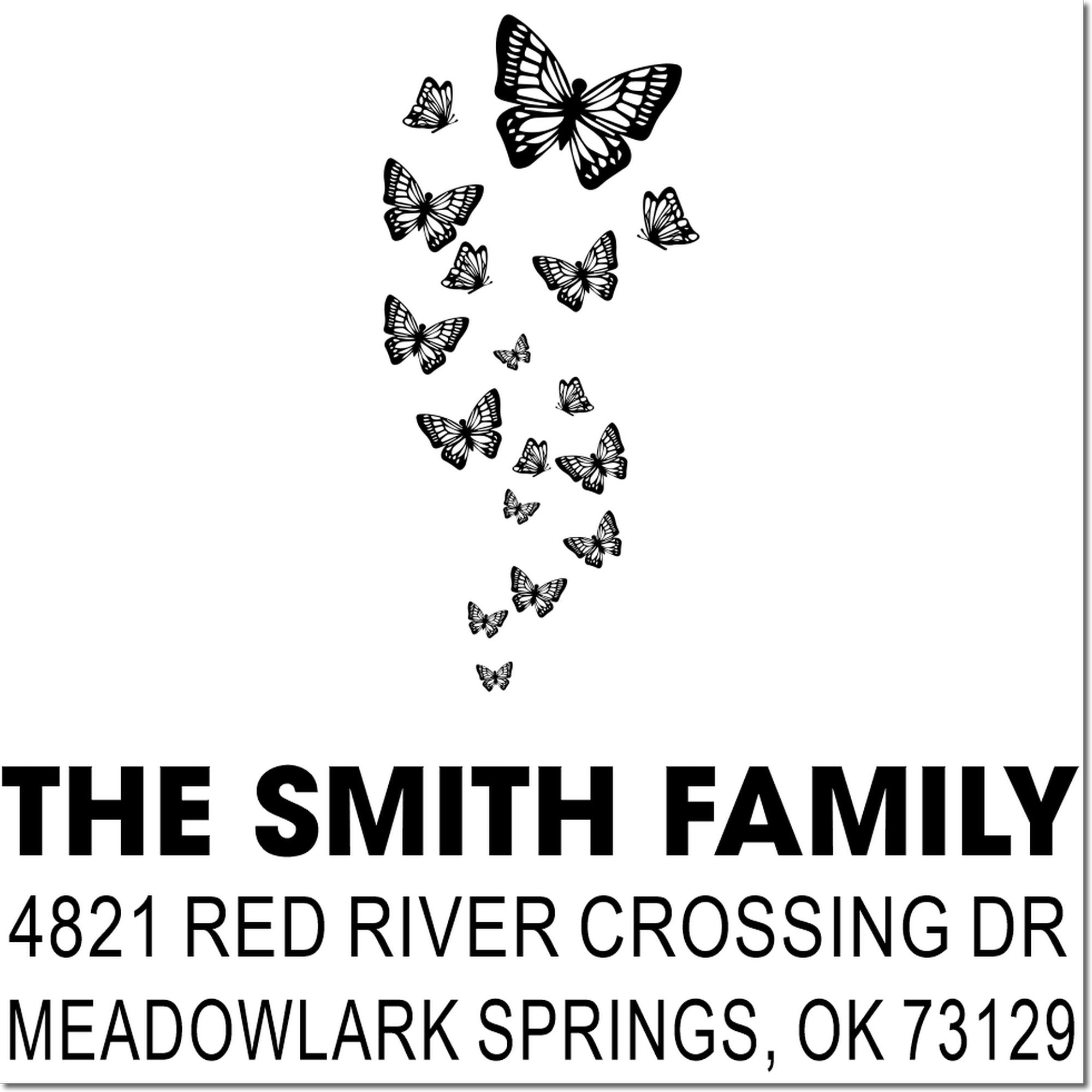 Custom butterfly family return address rubber stamp with black butterflies and personalized name, street address, city, state, and ZIP code.
