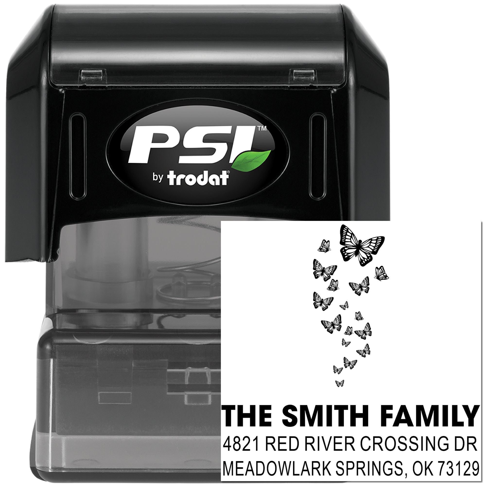 PSI by Trodat self-inking rubber stamp with custom butterfly return address design, featuring family name and address for mail labeling and stationery