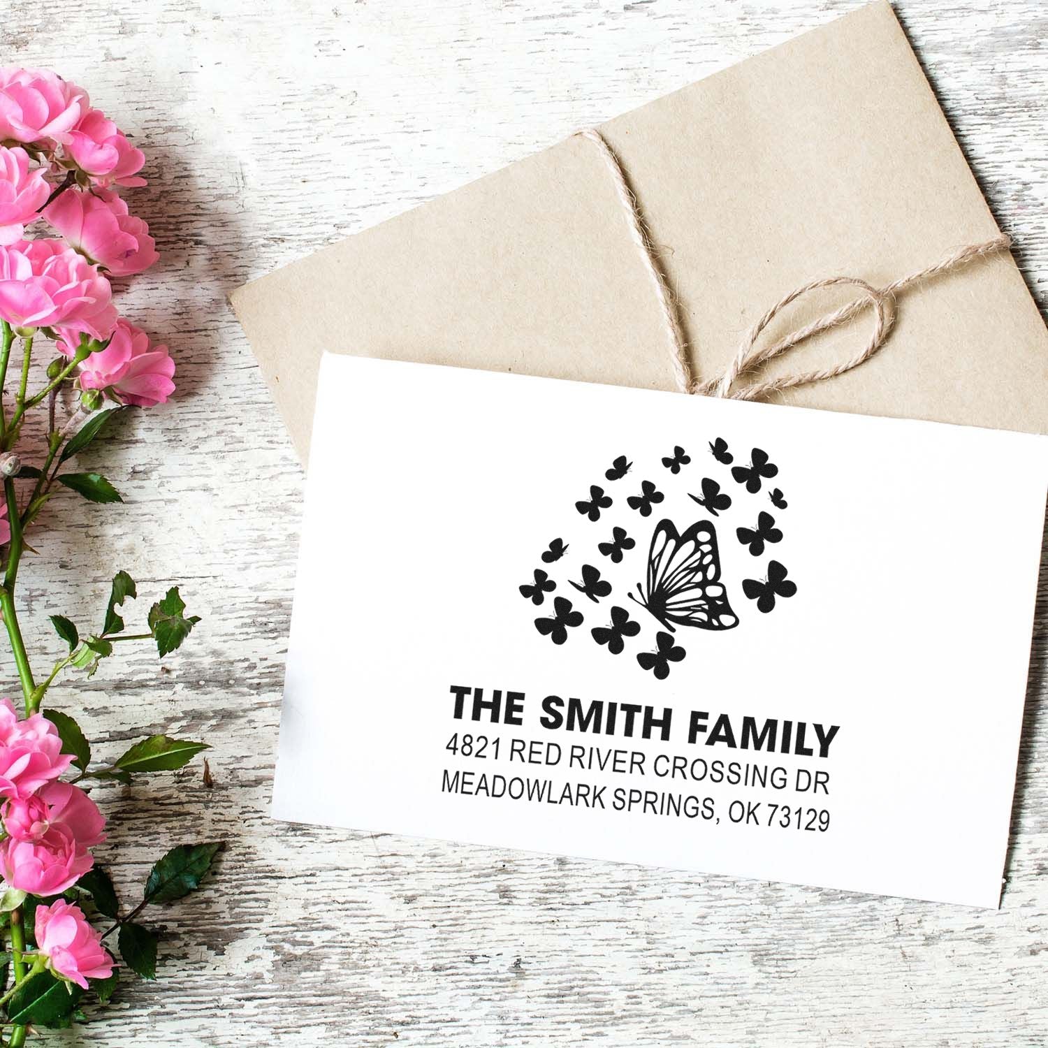 Custom butterfly return address rubber stamp with family name and mailing address, personalized stationery stamp for envelopes and wedding mailings