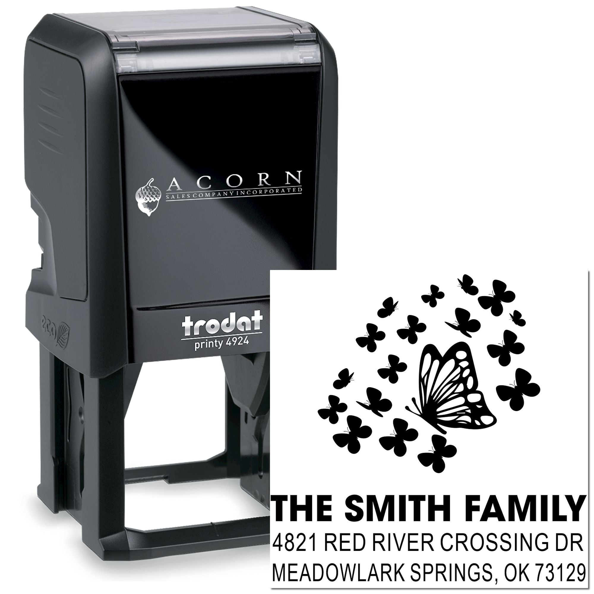 Custom self-inking rubber return address stamp with butterfly design, black Trodat Printy 4924 stamp for family name and mailing address labels