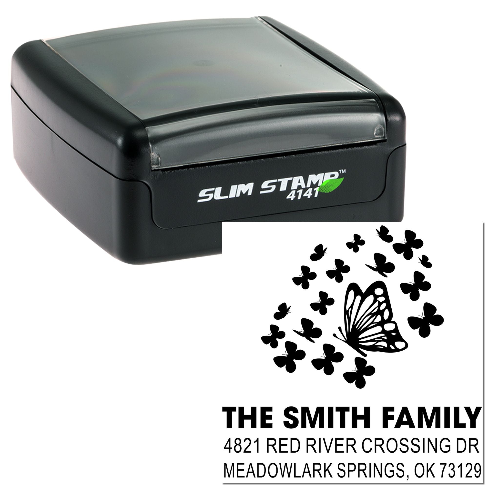 Custom self-inking rubber address stamp with butterfly design, The Smith Family, return mailing address and Slim Stamp 4141 case for envelopes.