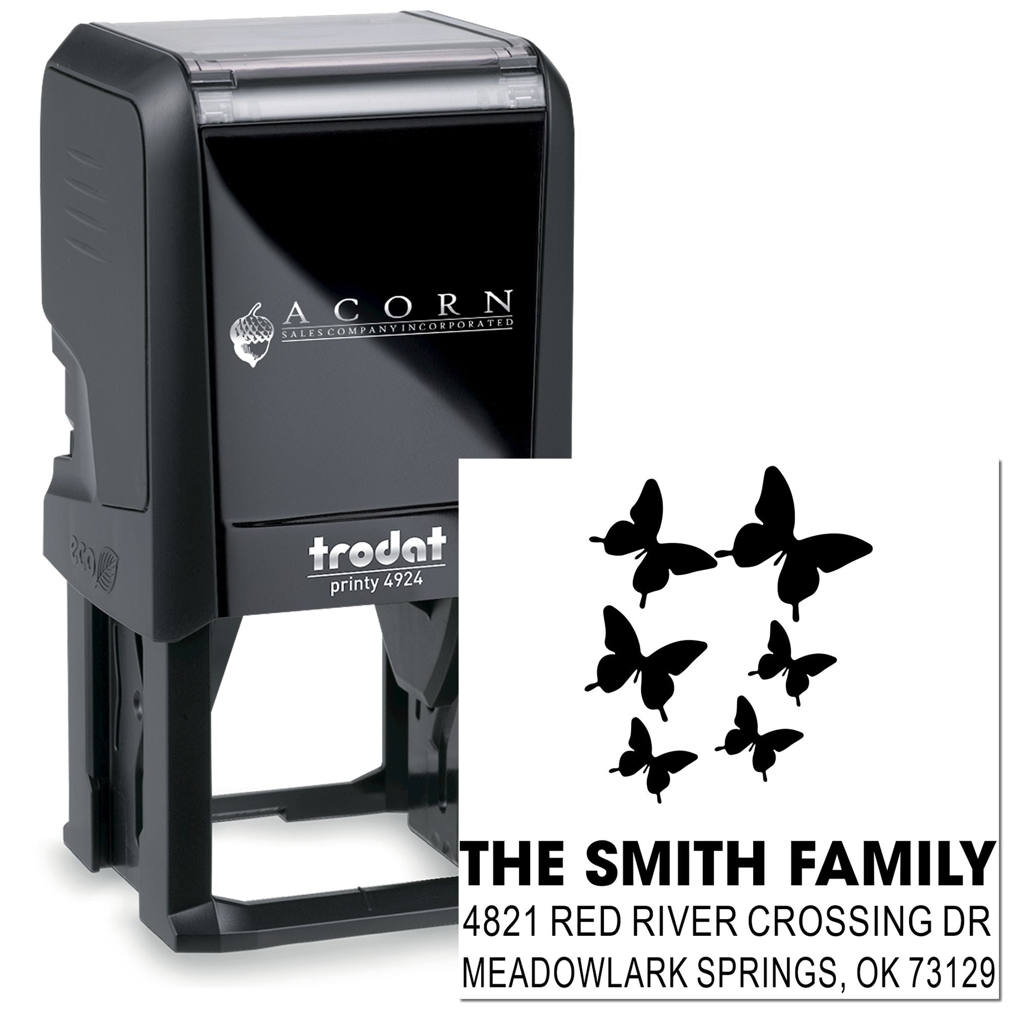 Custom self-inking rubber stamp with butterfly family address design, Trodat Printy 4924 style, ideal for personalized return addresses and mailings