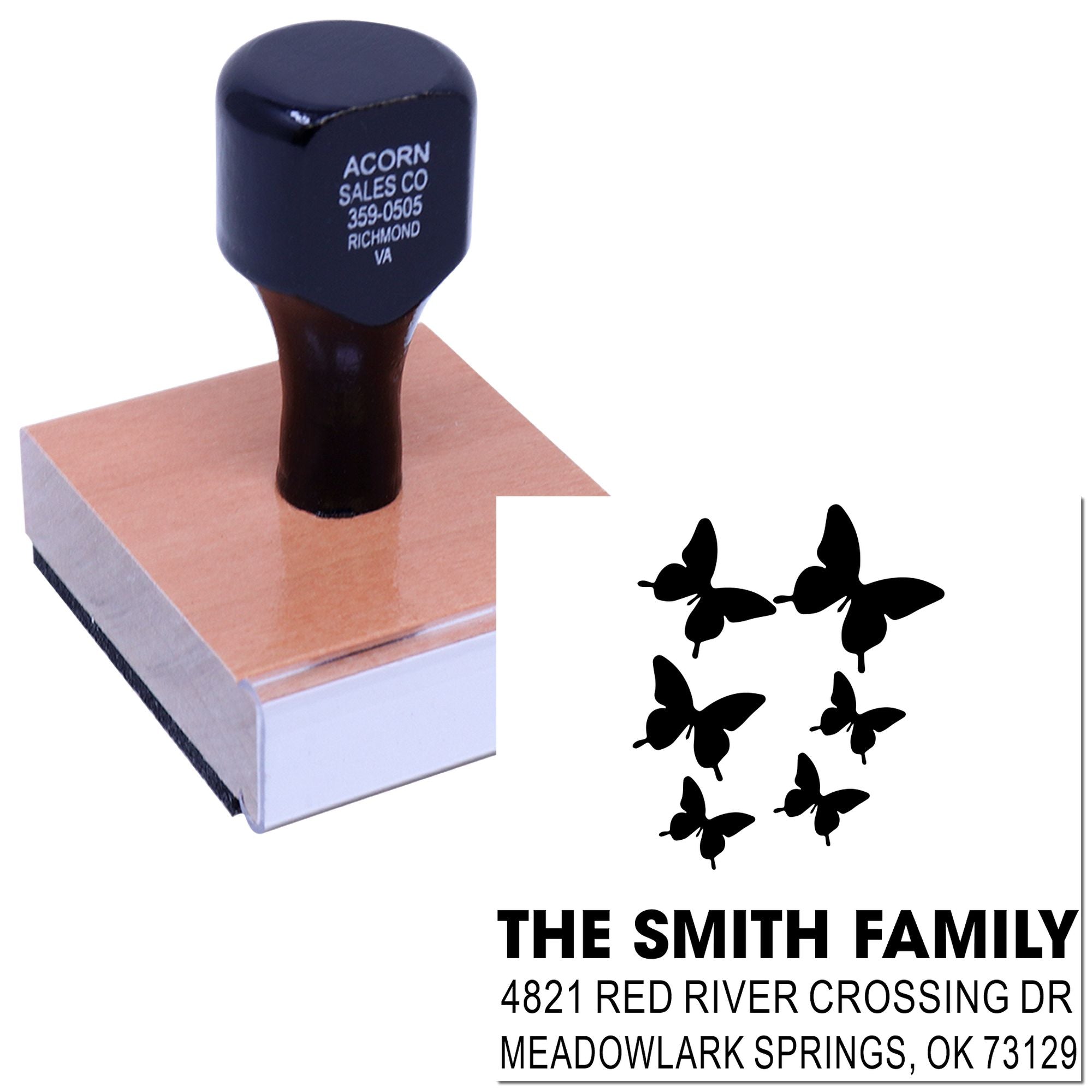 Personalized rubber address stamp with butterflies, The Smith Family name, and Meadowlark Springs, OK return address for mailings with wood handle