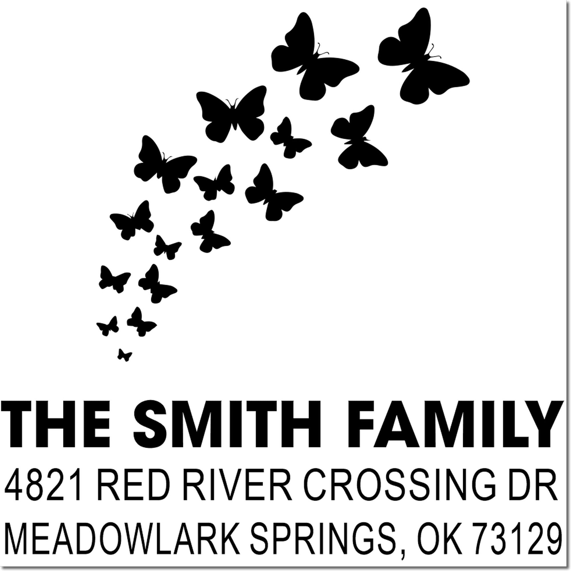Custom butterfly return address rubber stamp with Smith Family name, Red River Crossing Dr, Meadowlark Springs OK 73129, elegant flight design.
