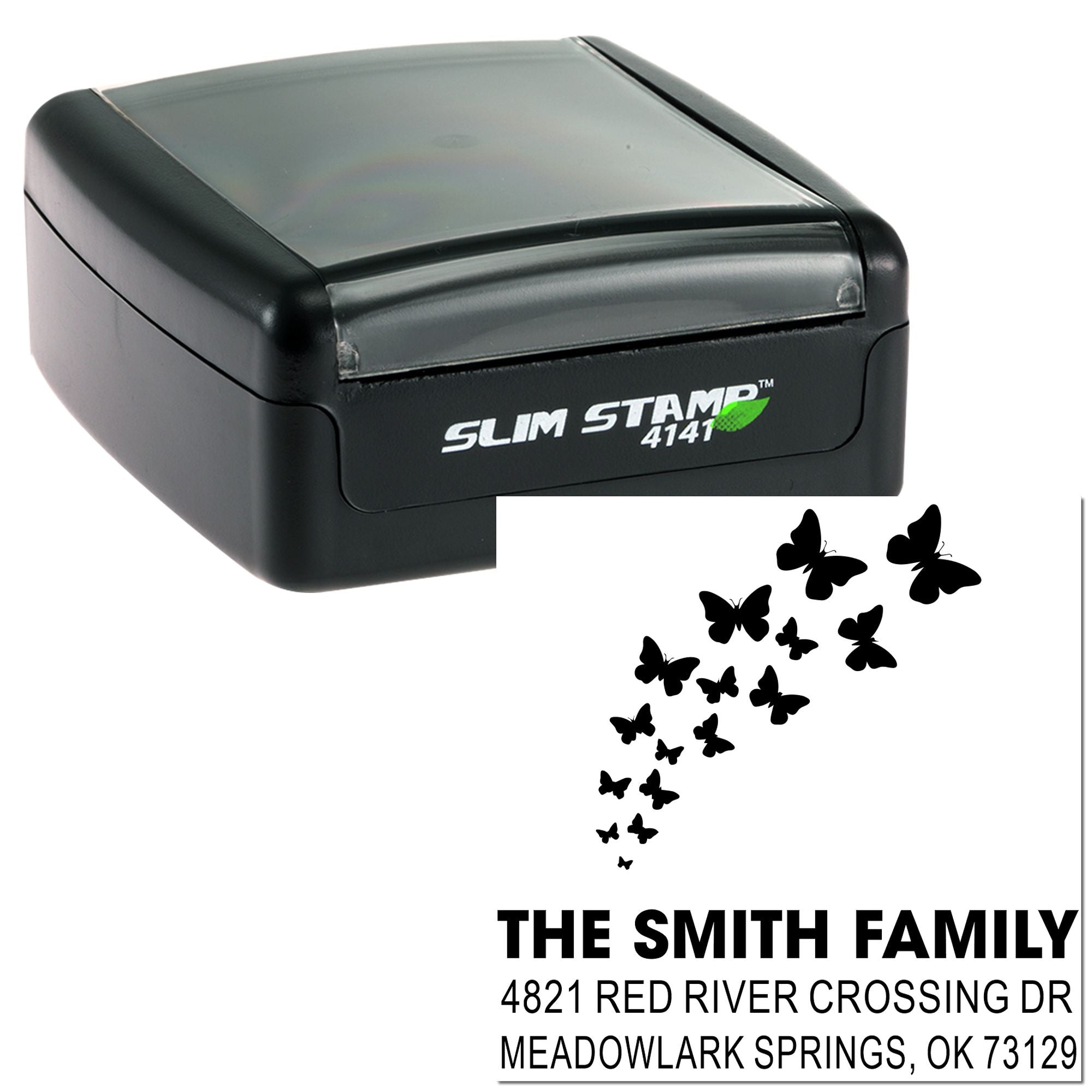 Custom self-inking rubber stamp with butterfly design and personalized return address for The Smith Family in Meadowlark Springs, OK