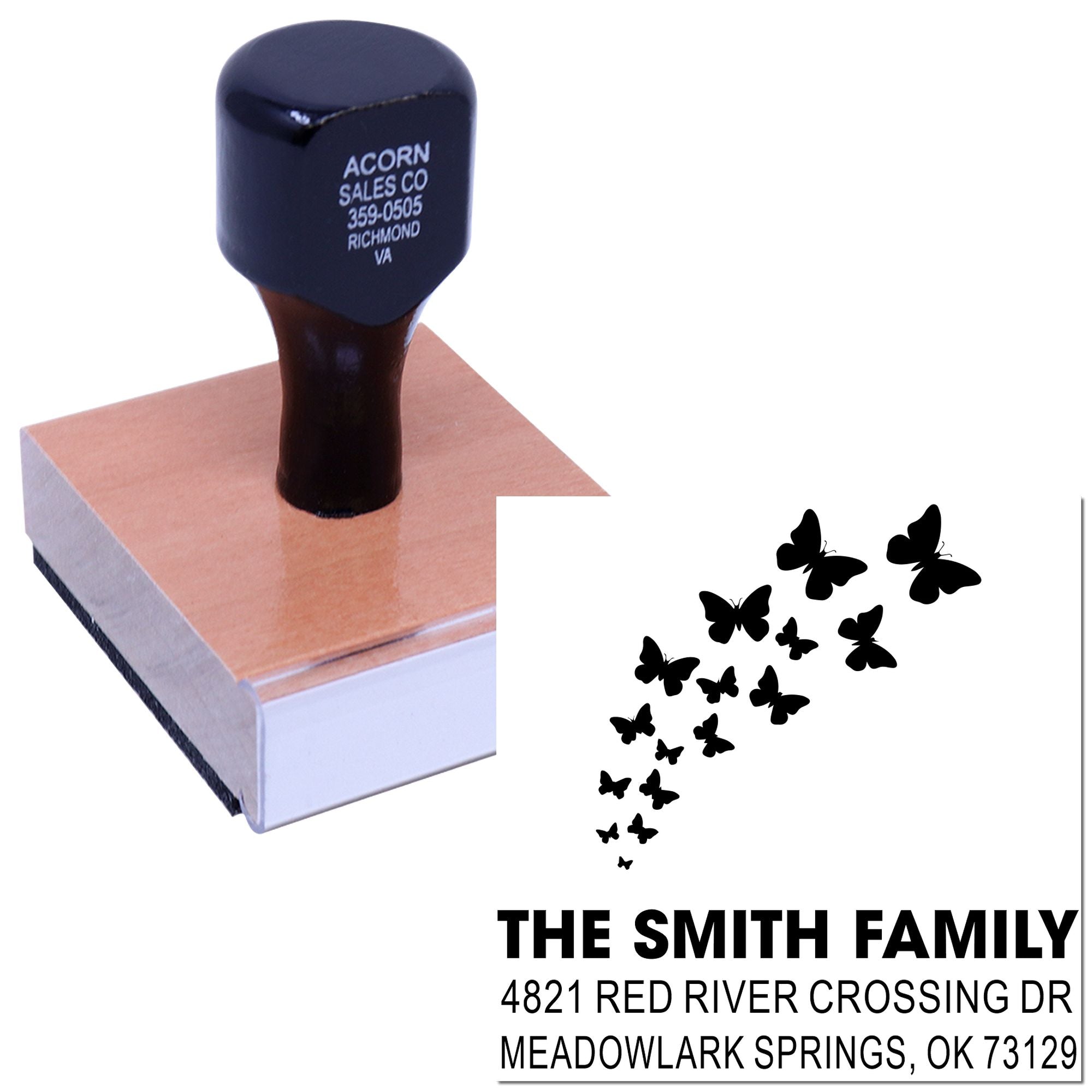 Custom rubber stamp with butterfly family return address design, perfect for personalized mailing, stationery, envelopes, and home address labeling.