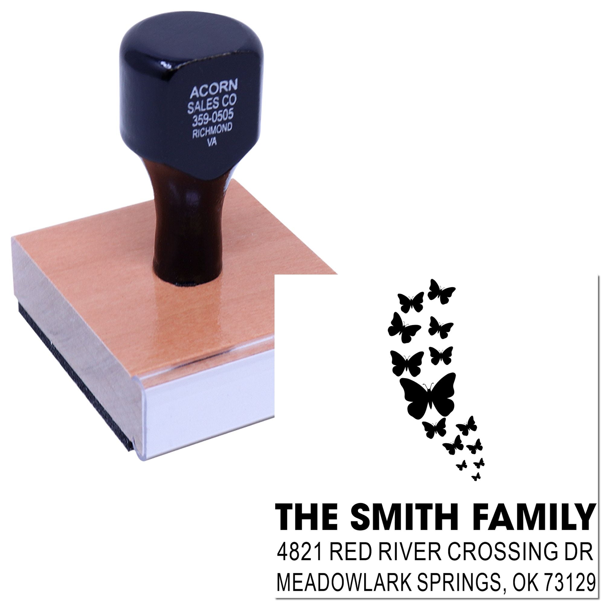 Personalized butterfly family address rubber stamp with The Smith Family name and Meadowlark Springs, OK return address for mailing and crafts