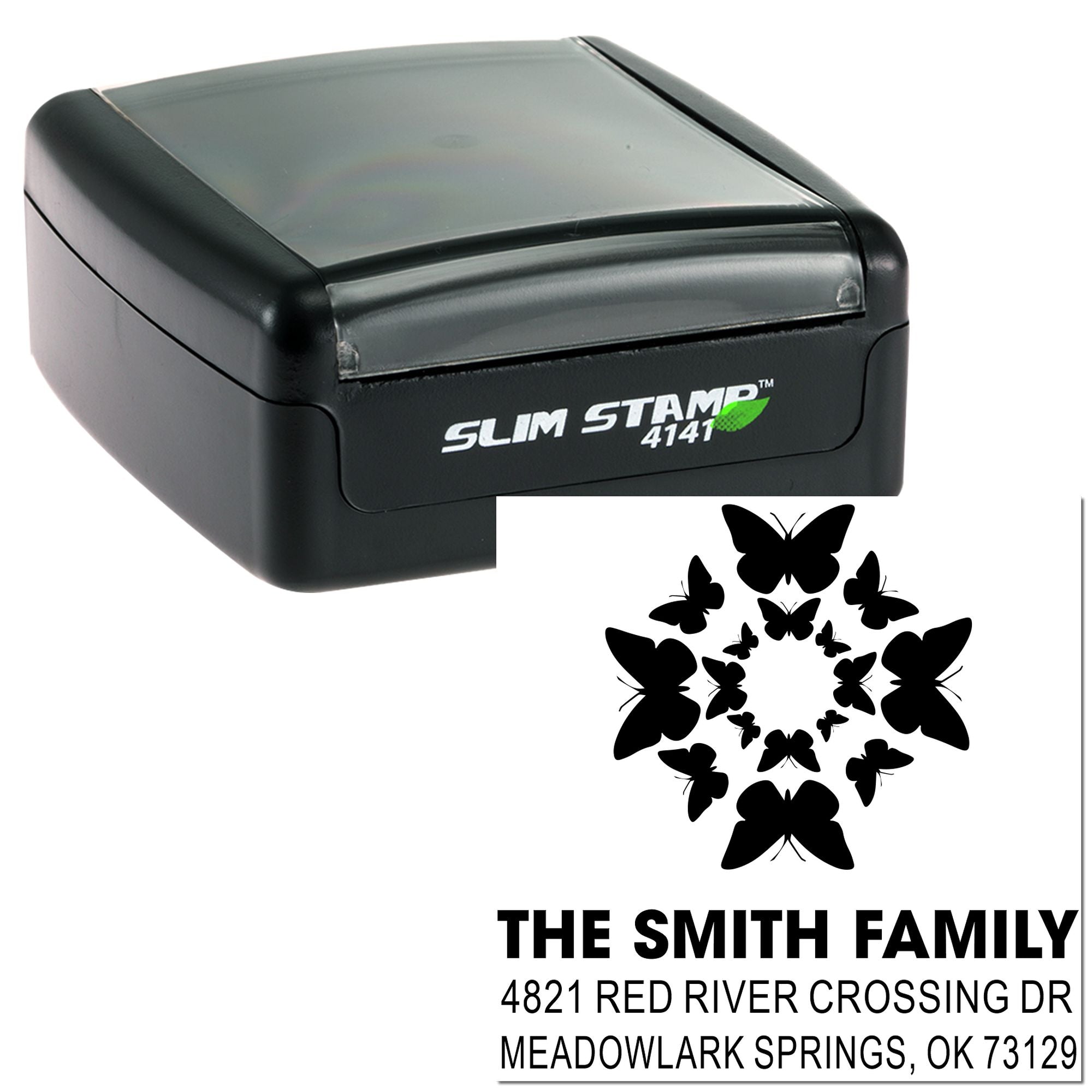 Slim Stamp 4141 self-inking rubber stamp with butterfly family design and custom return address for The Smith Family in Meadowlark Springs, OK