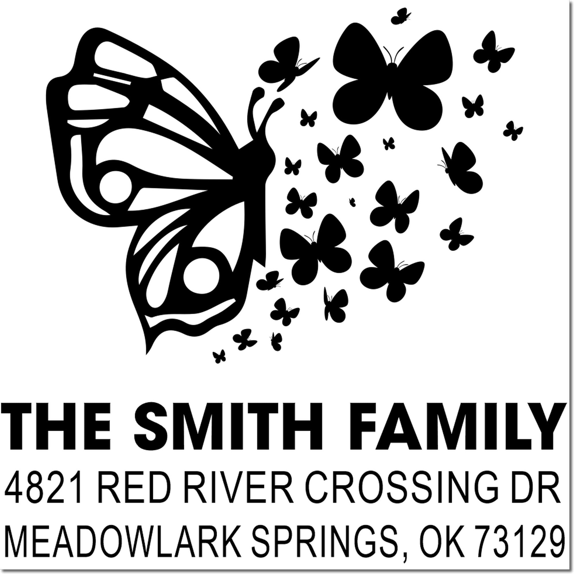 Personalized decorative butterfly return address rubber stamp for The Smith Family, 4821 Red River Crossing Dr, Meadowlark Springs, OK 73129
