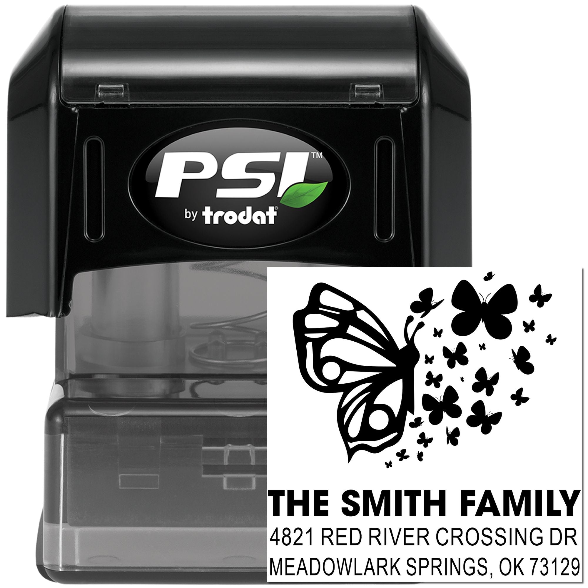 PSI by Trodat self-inking address stamp with butterfly design, custom family name and mailing address for personalized rubber stamping.