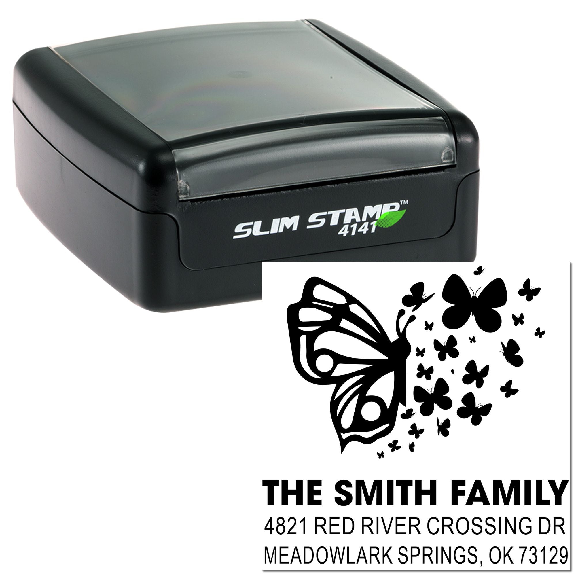 Custom self-inking rubber stamp with butterfly design, The Smith Family return address stamper for personalized mail, cards and envelopes.