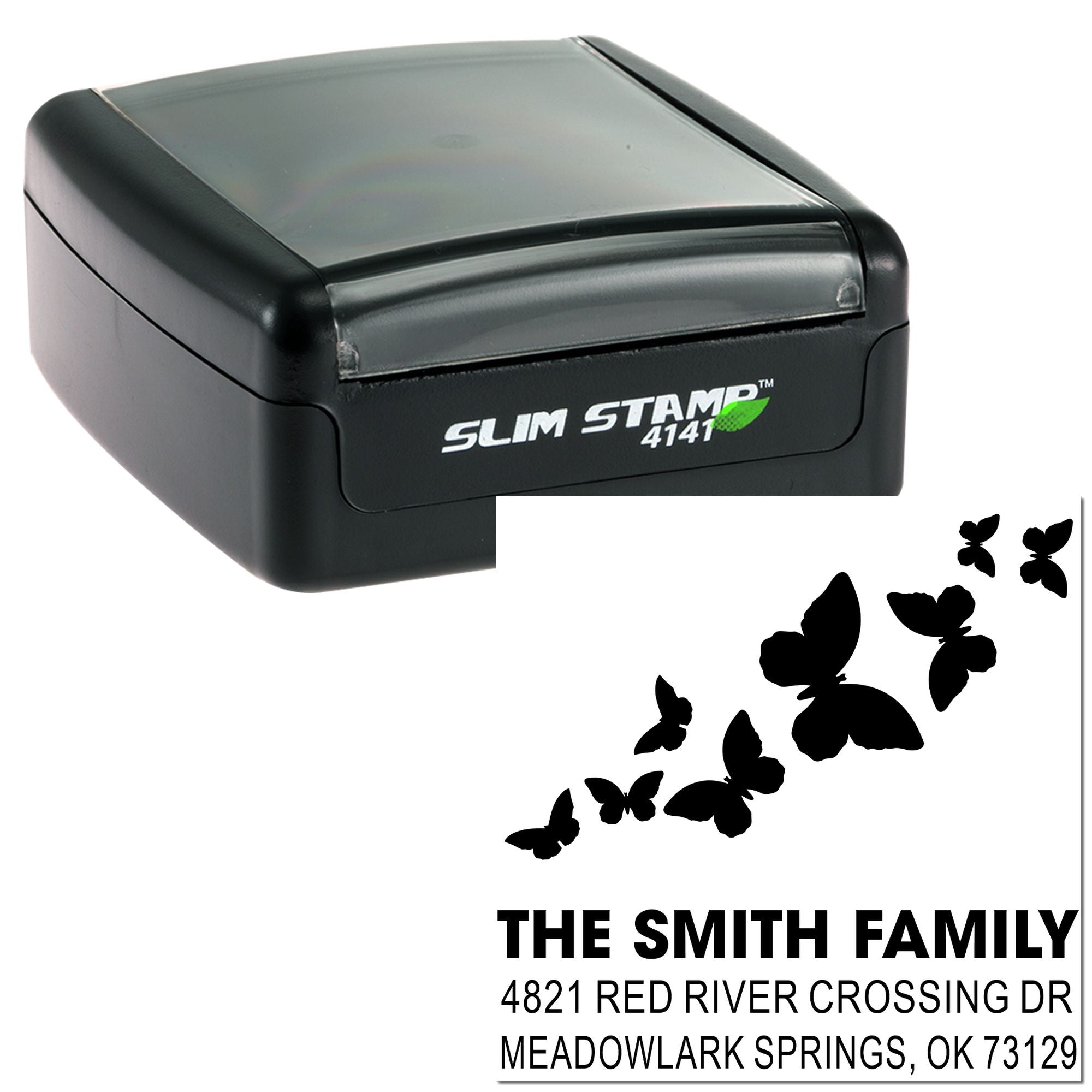 Slim self-inking rubber stamp with custom butterfly return address design for The Smith Family, featuring name, street address, city and ZIP code.