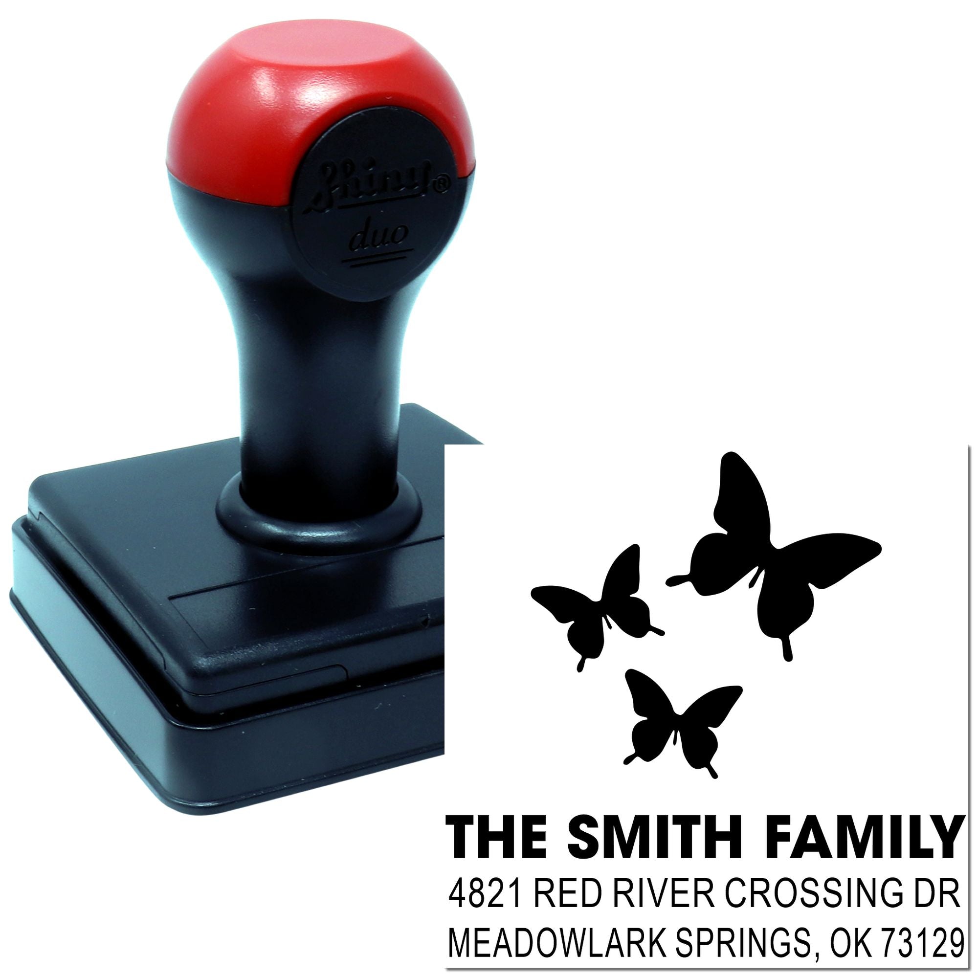 Custom self-inking rubber stamp with butterfly family return address design, personalized name, street address, city, state, and ZIP code.