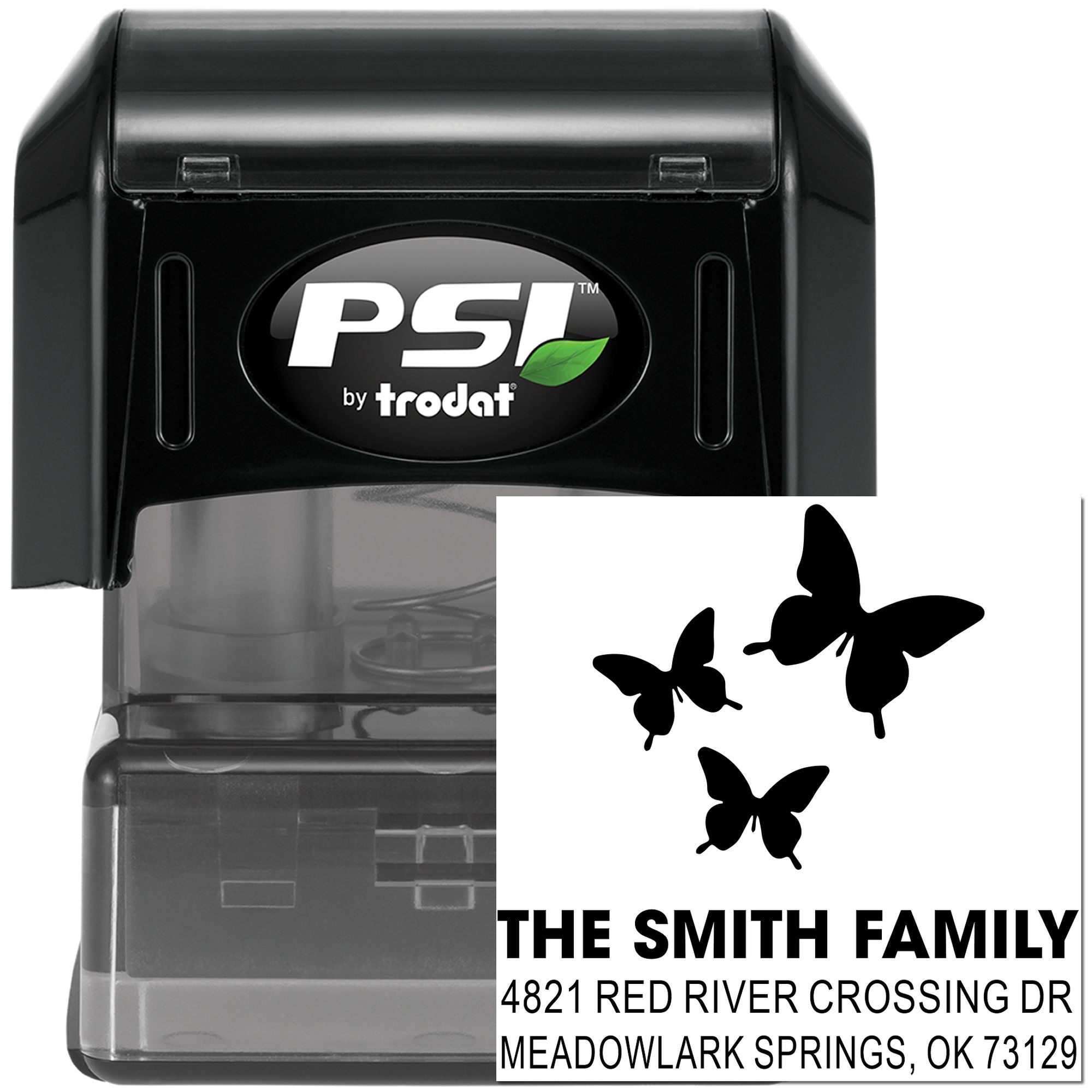 Custom butterfly family address self-inking rubber stamp by PSI Trodat, featuring The Smith Family and personalized return mailing address.