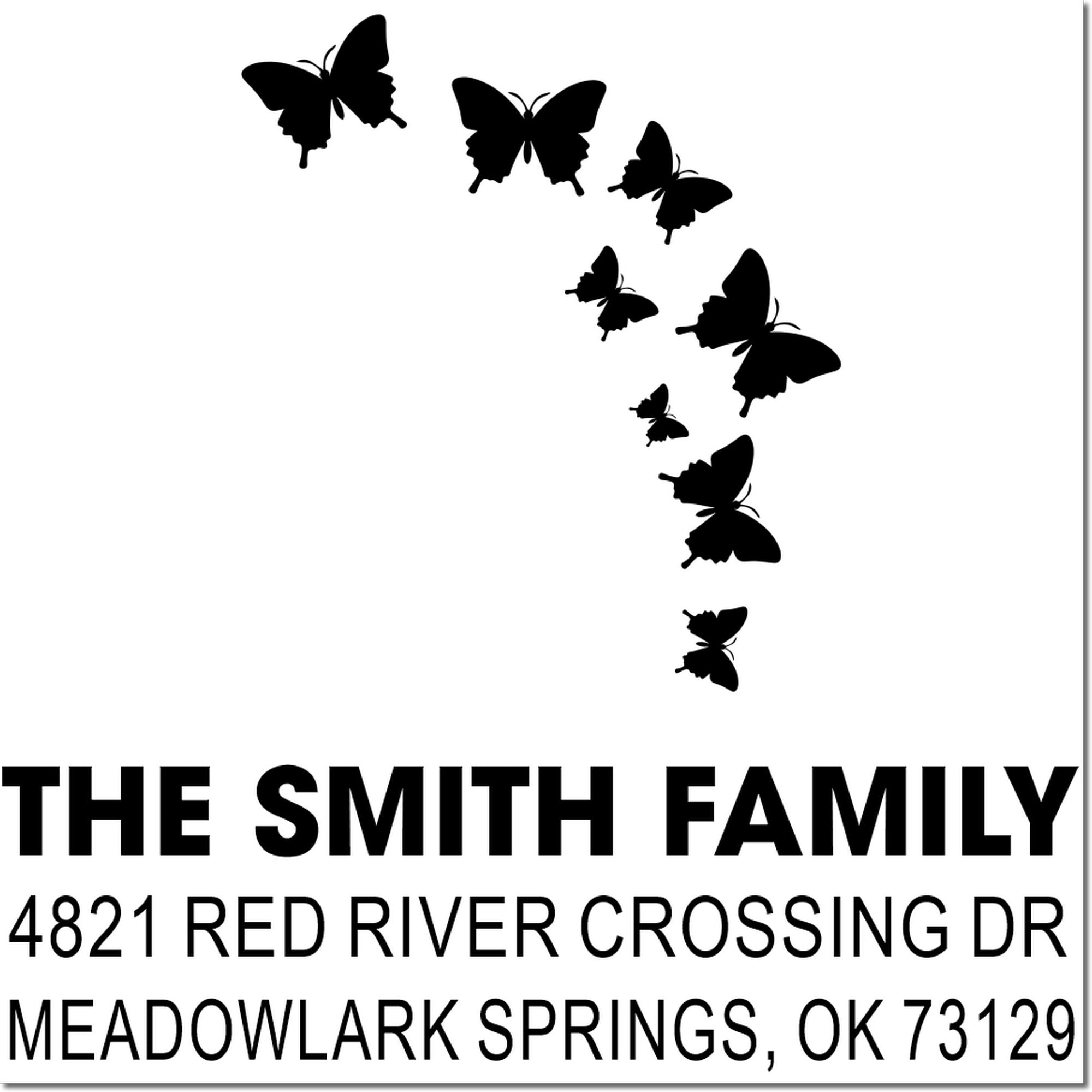 Custom butterfly return address rubber stamp with family name, street address, and city state ZIP for Meadowlark Springs, OK 73129