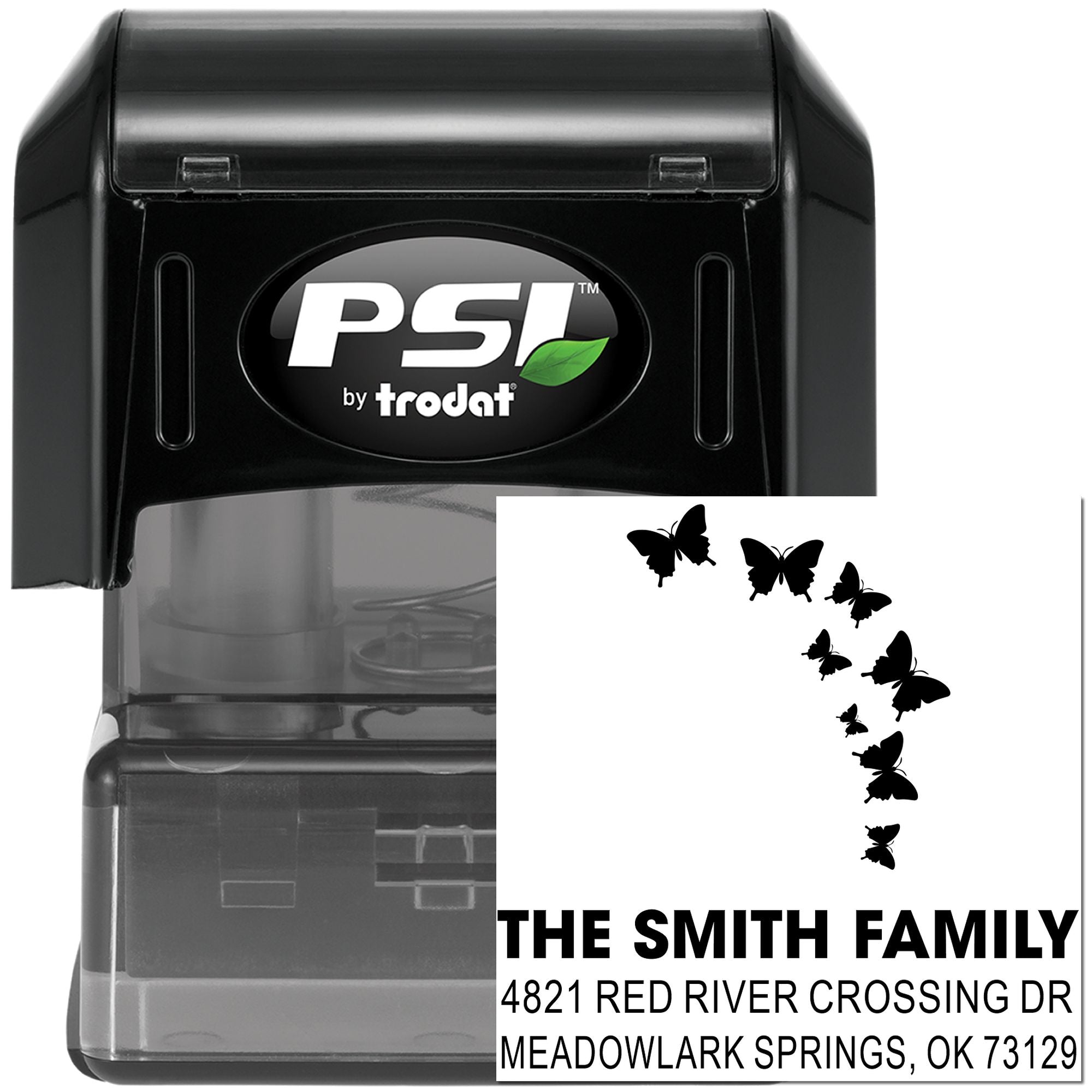 Custom self-inking rubber address stamp with butterfly design, The Smith Family name, and full return address, PSI by Trodat black stamp tool.