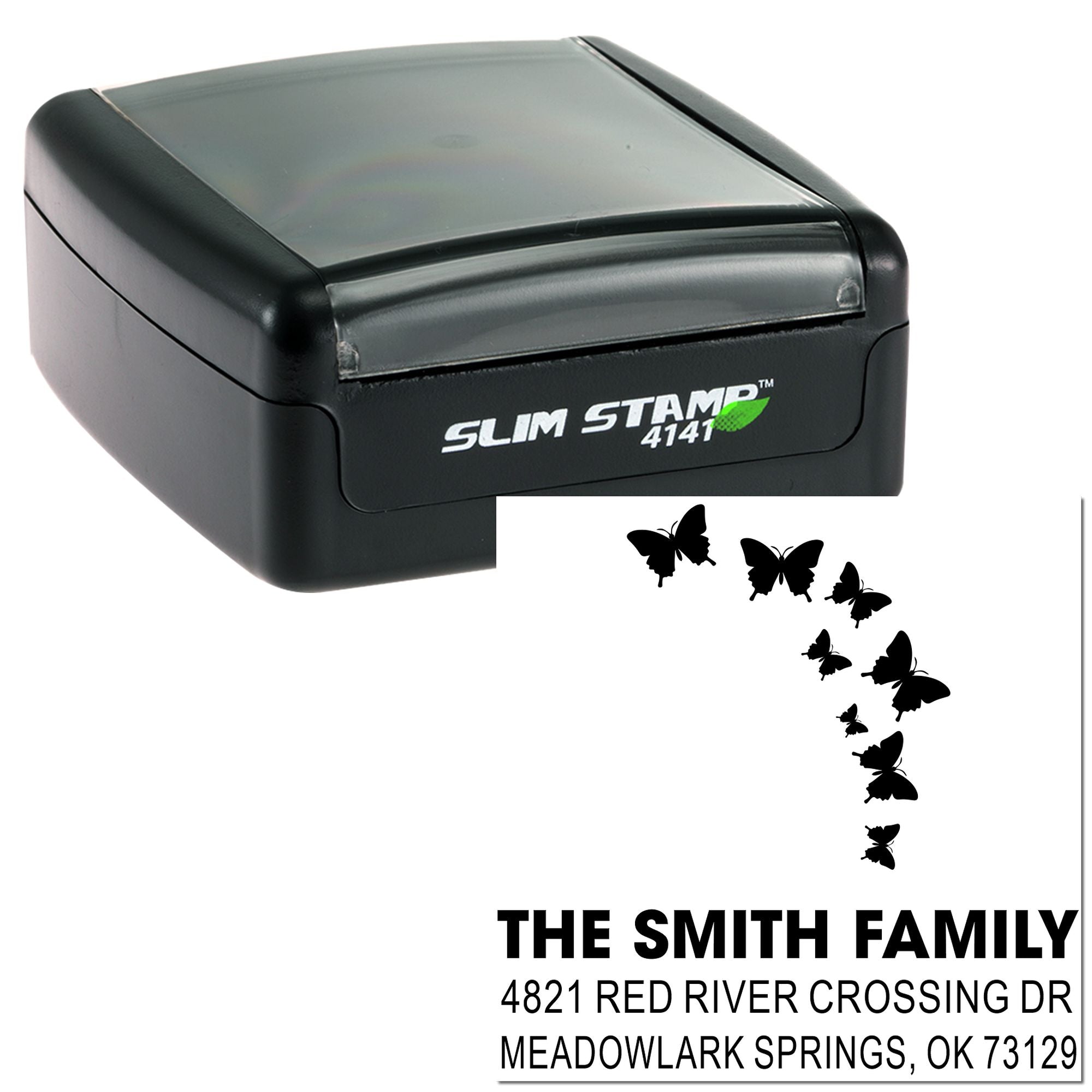 Slim Stamp 4141 custom address rubber stamp with butterfly design featuring The Smith Family return address for home mailing and envelopes