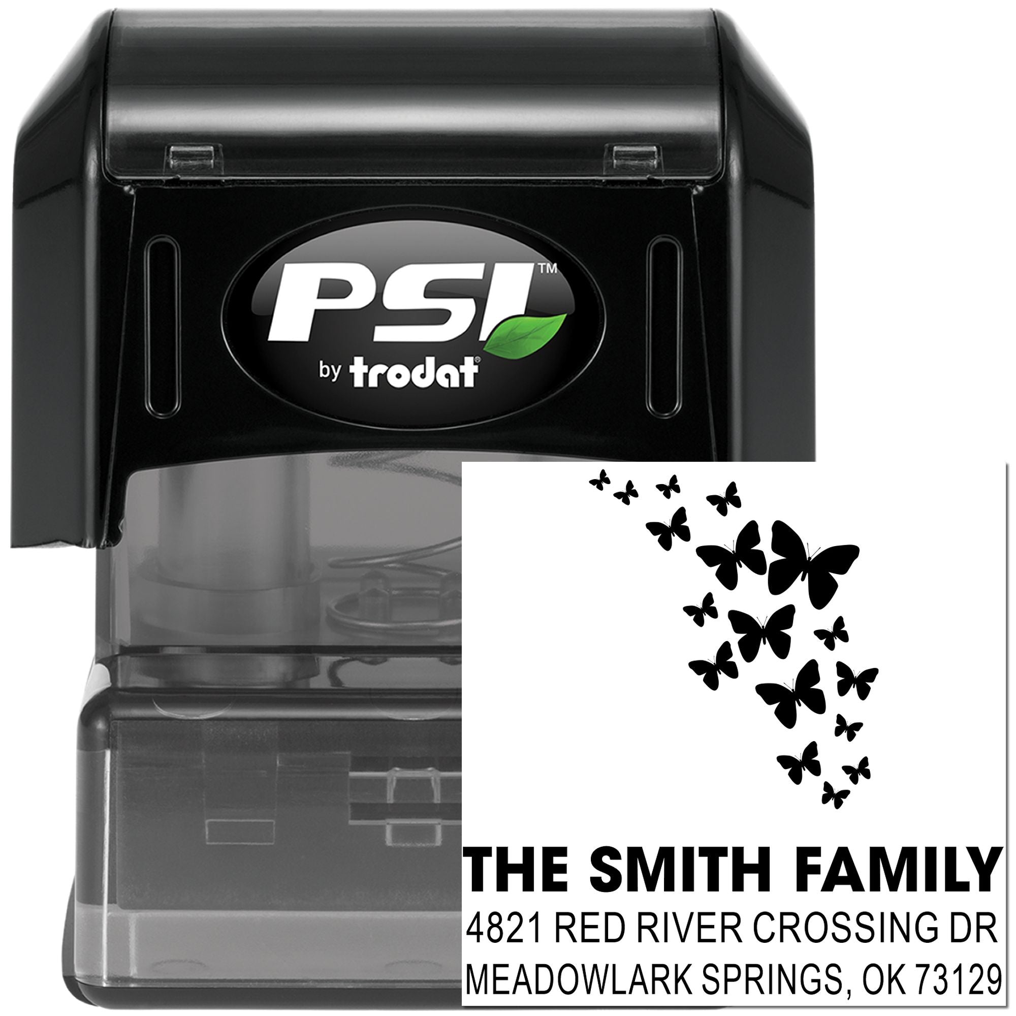 Personalized self-inking rubber address stamp with butterfly design, PSI by Trodat, custom family name and return address for mailing labels