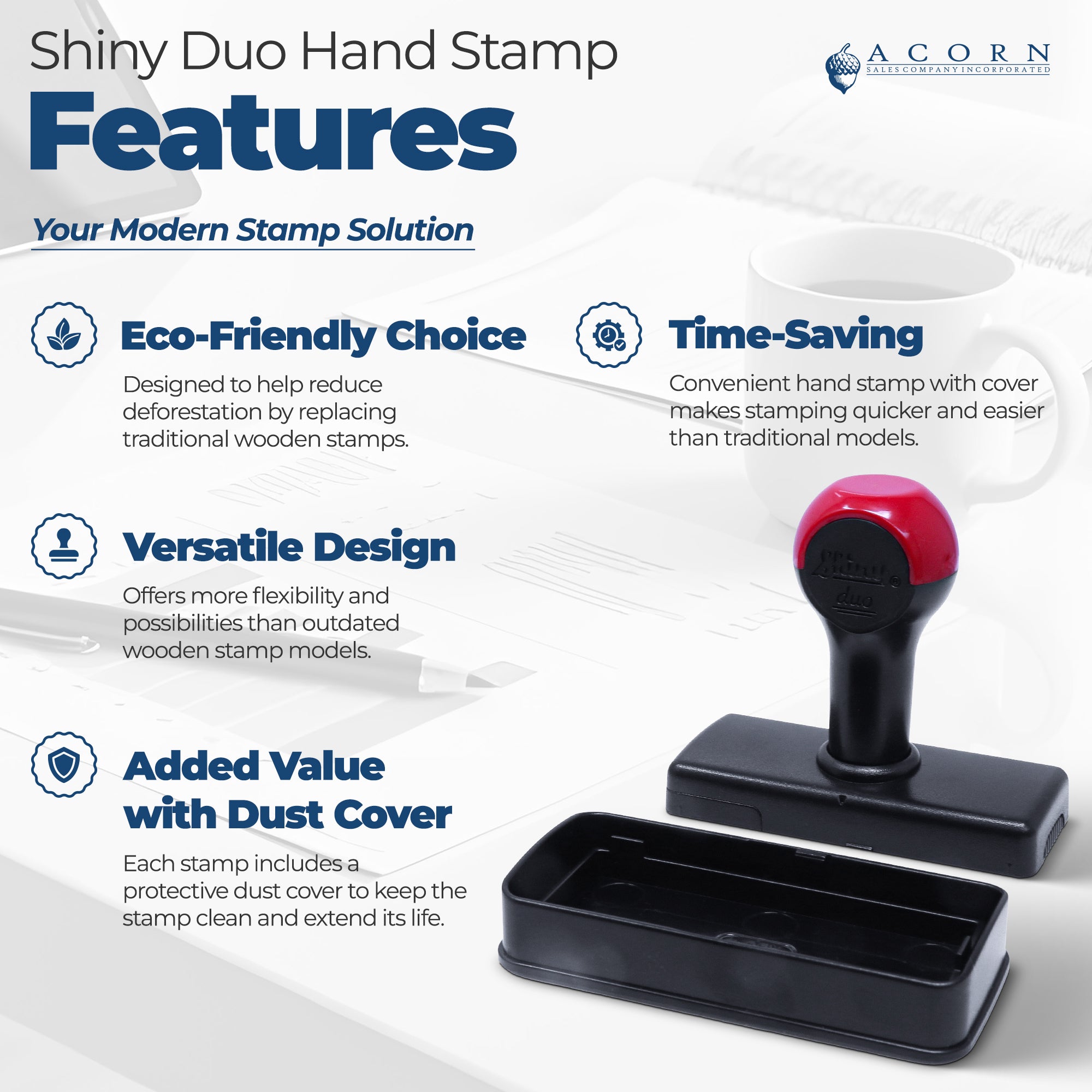 Shiny Duo hand rubber stamp features eco-friendly, time-saving design with dust cover for quick office stamping.