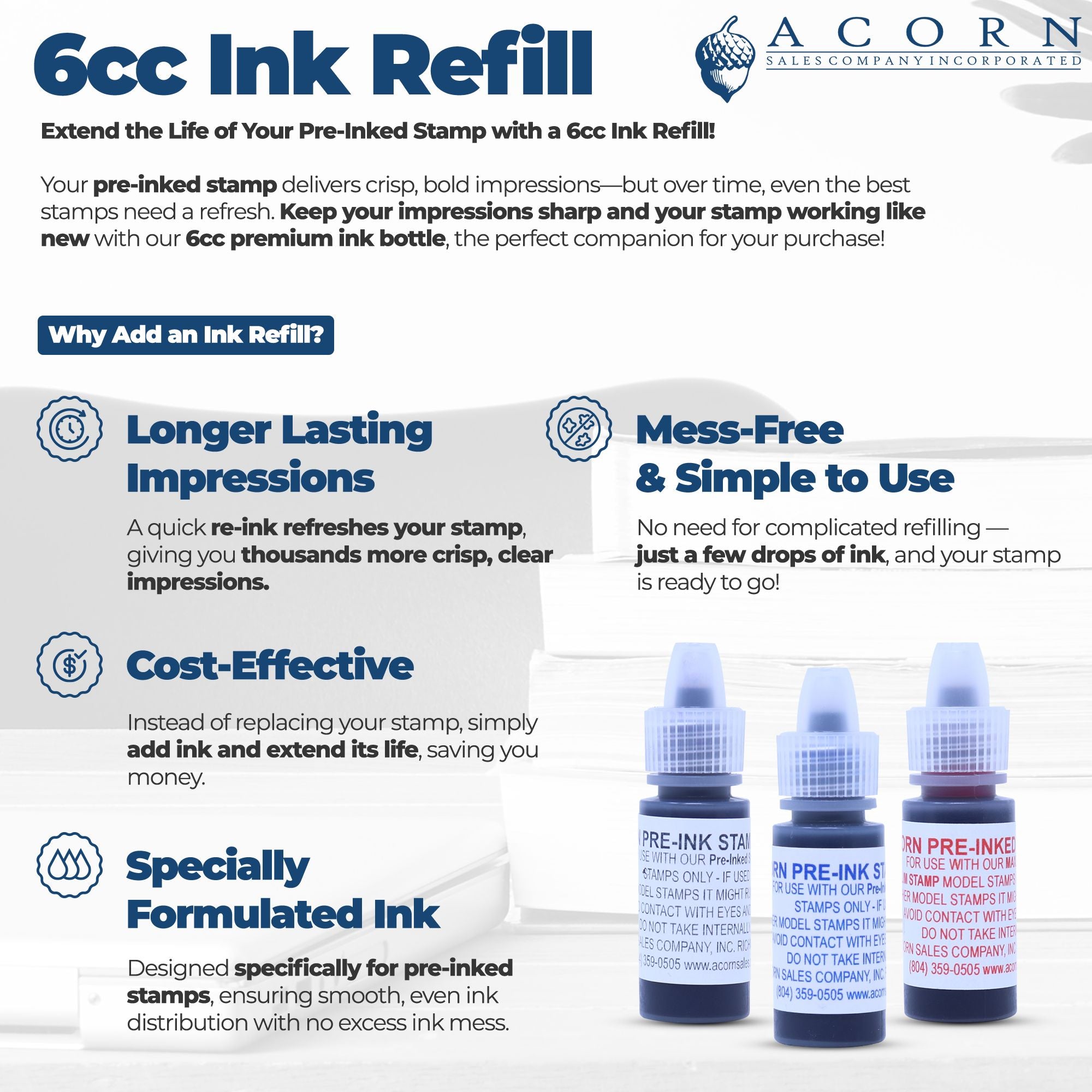 6cc ink refill for pre-inked rubber stamps, designed to extend stamp life and keep impressions crisp and clear.