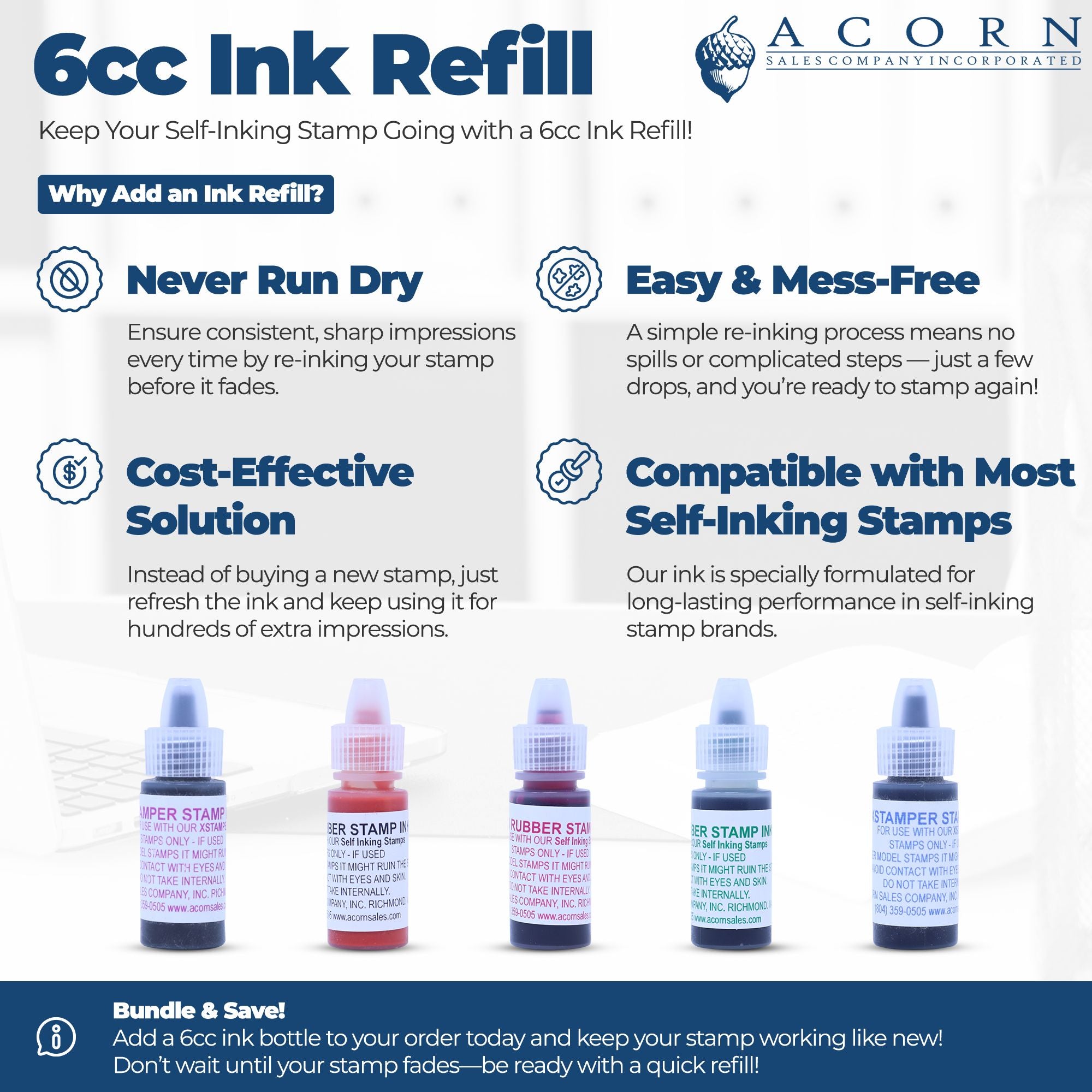6cc ink refill infographic for self-inking rubber stamps, highlighting mess-free re-inking, sharp impressions, and cost savings.