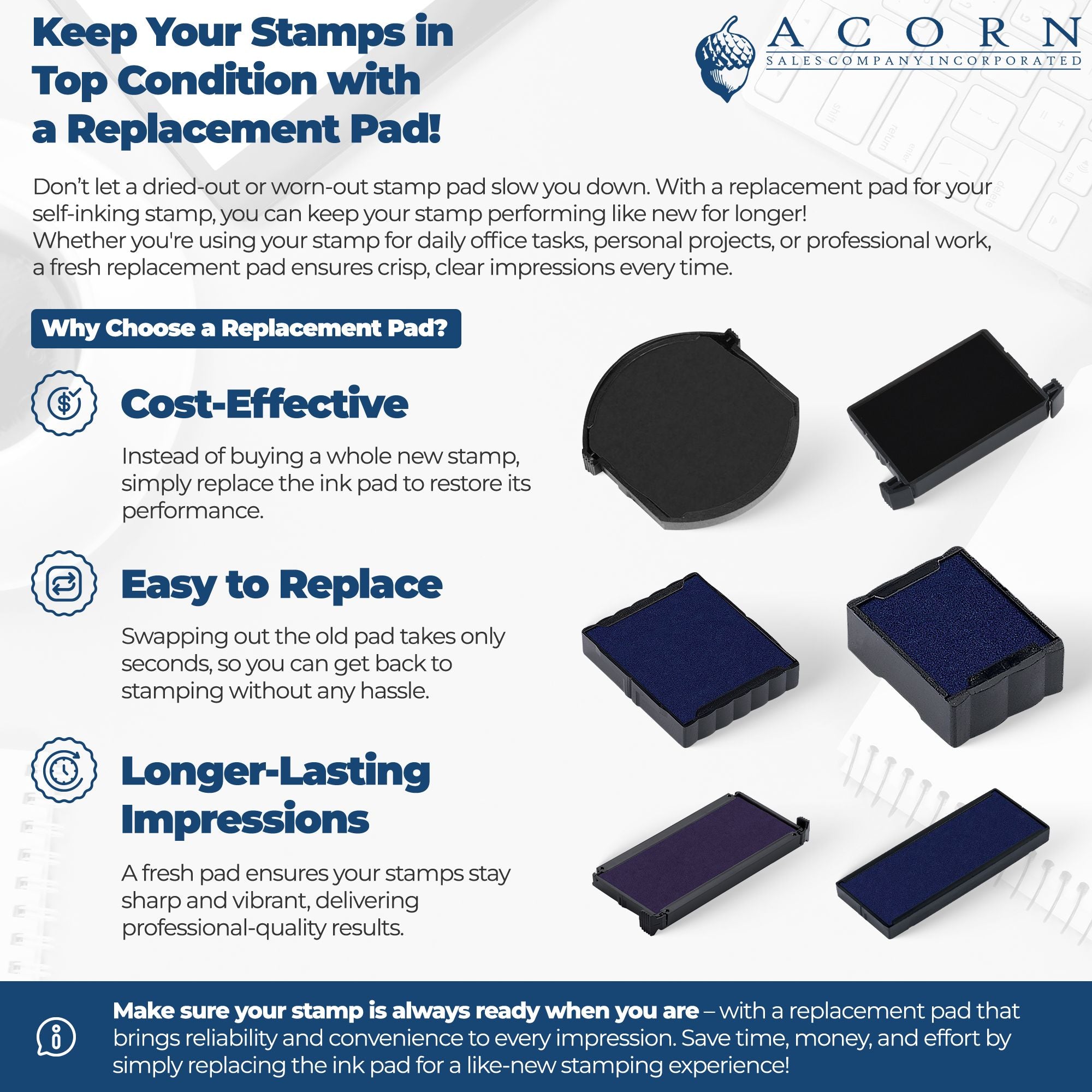Rubber stamp replacement pads for self-inking stamps, showing easy-to-replace ink pads for crisp, long-lasting impressions.