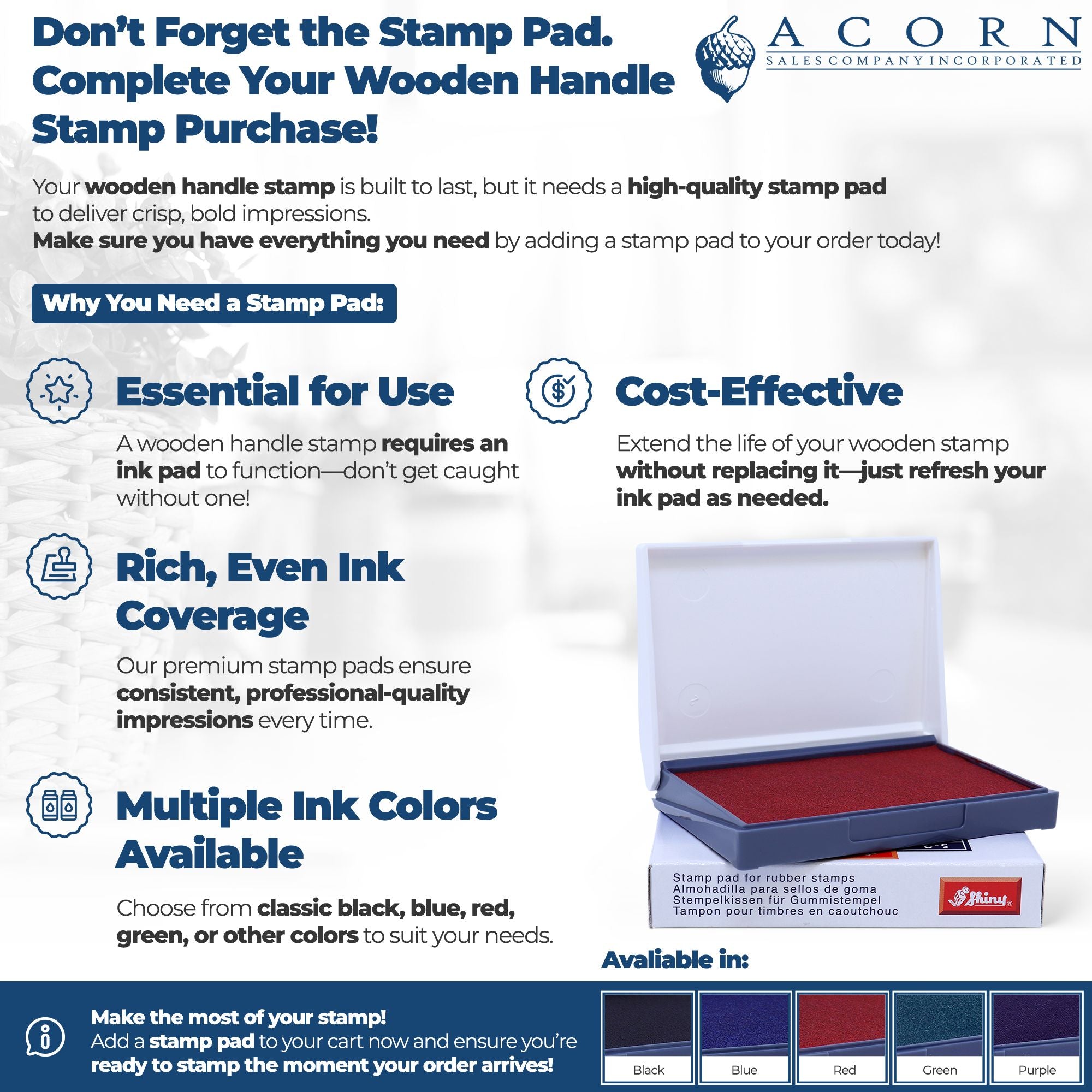 Rubber stamp ink pad for wooden handle stamps, shown in red, with multiple ink color options for crisp, professional impressions.