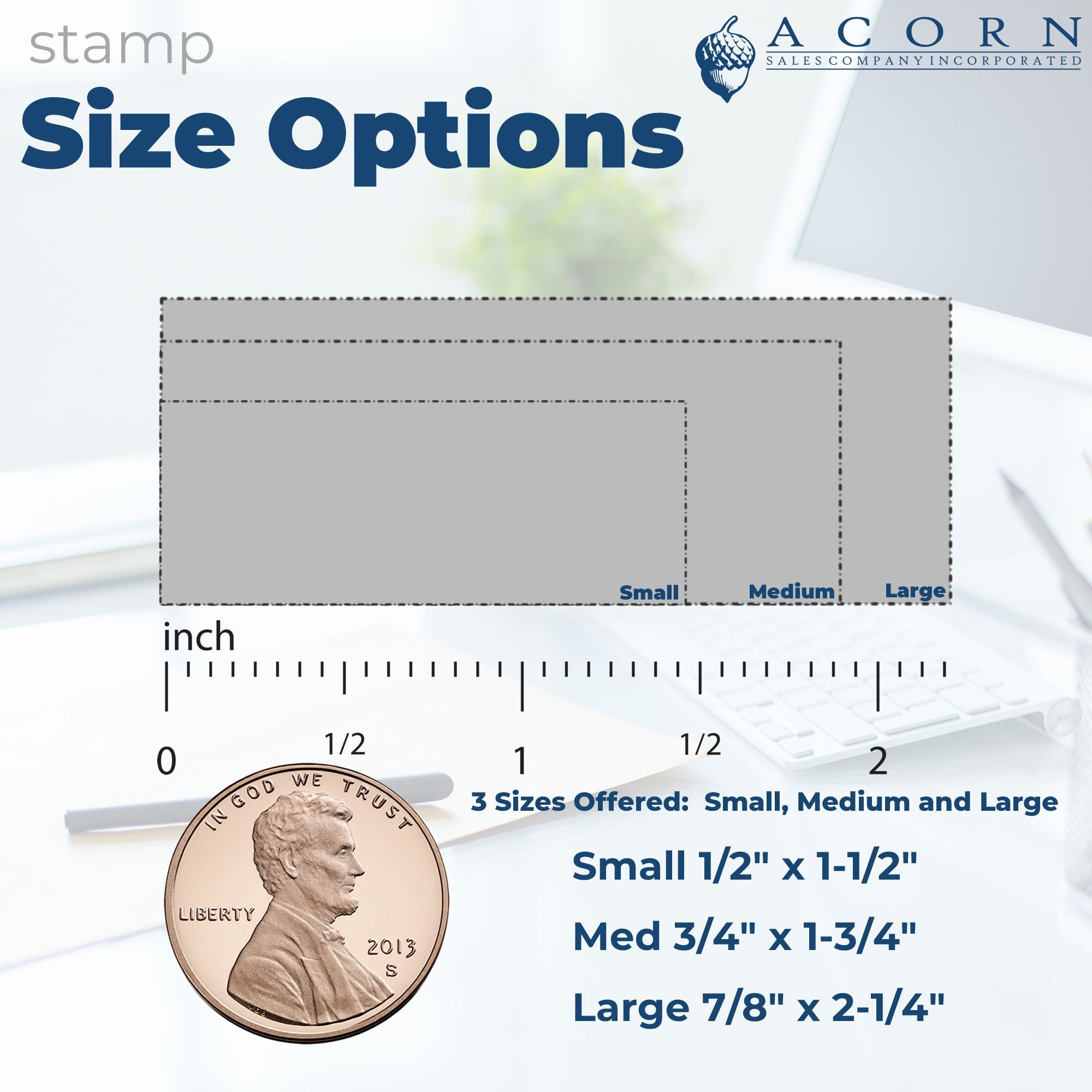 Rubber stamp size options chart showing small, medium and large custom stamp dimensions with ruler and coin scale.