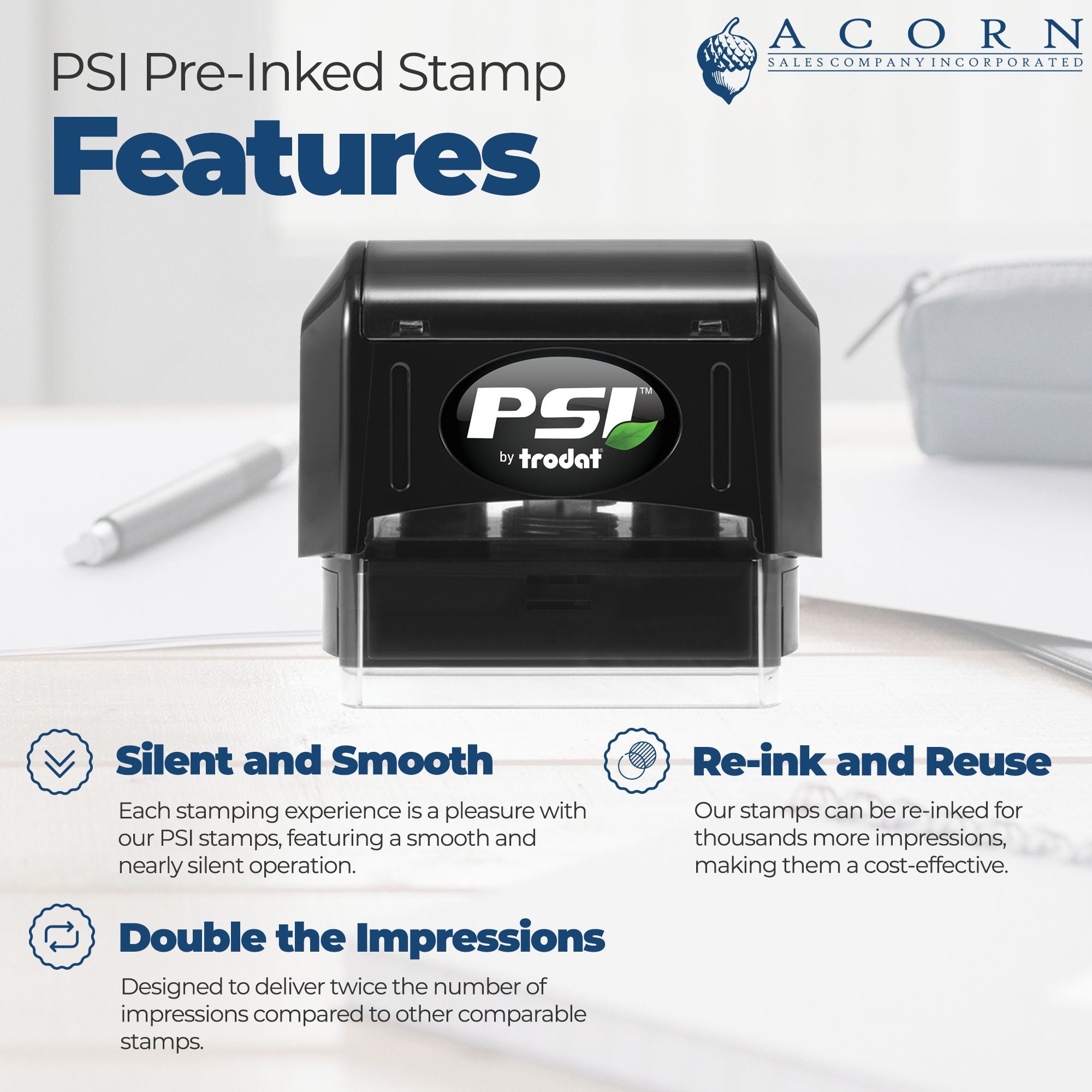 PSI pre-inked rubber stamp features graphic highlighting silent operation, re-inkable design, and double impressions.
