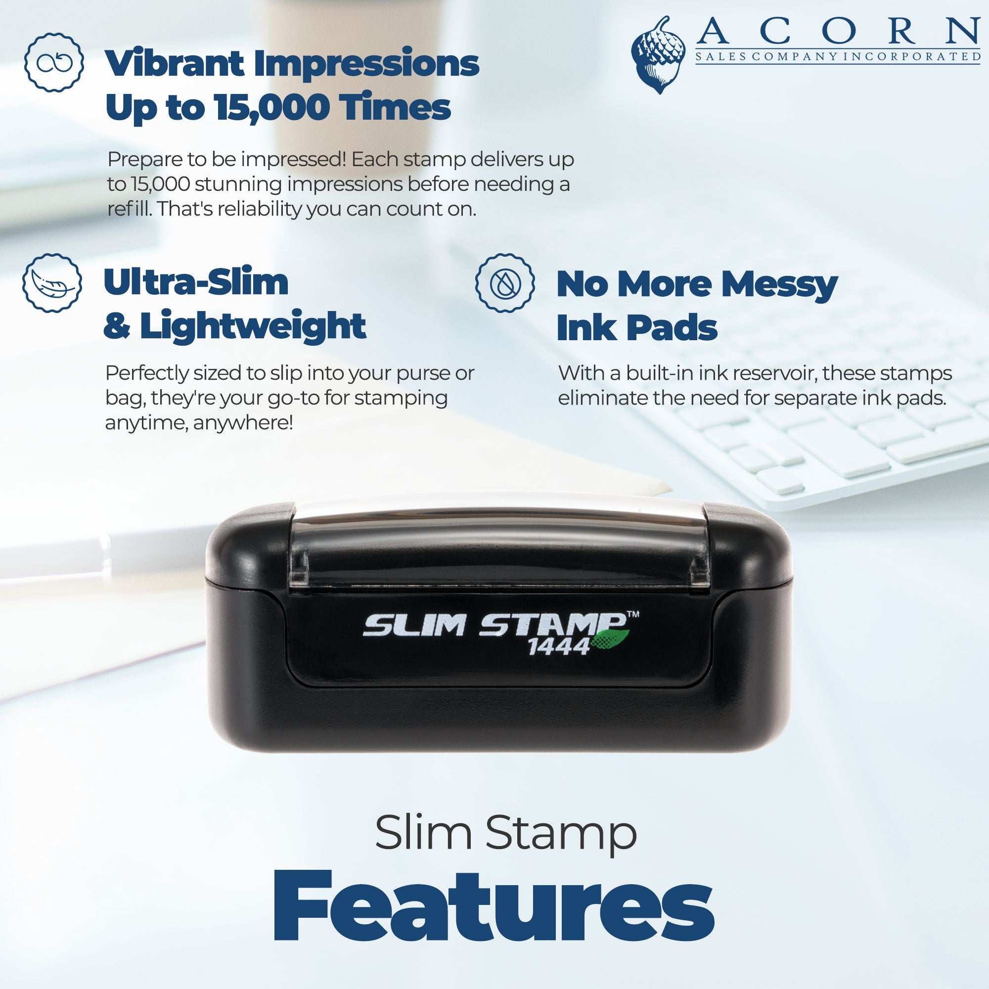 Slim Stamp self-inking rubber stamp ad highlighting 15,000 impressions, ultra-slim design, and built-in ink pad.