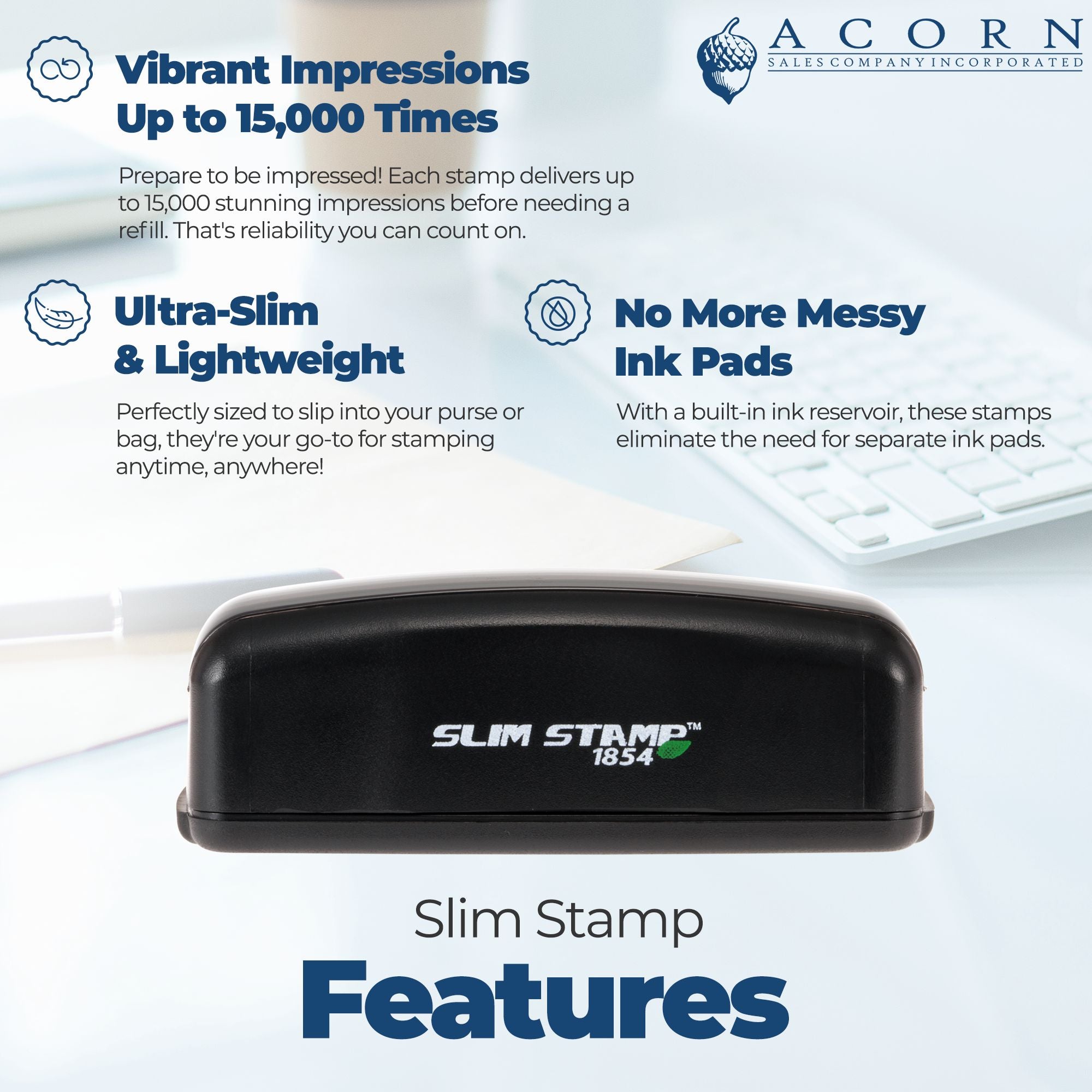 Slim Stamp promotional graphic highlighting up to 15,000 impressions, ultra-slim design, and built-in ink pad for mess-free stamping.
