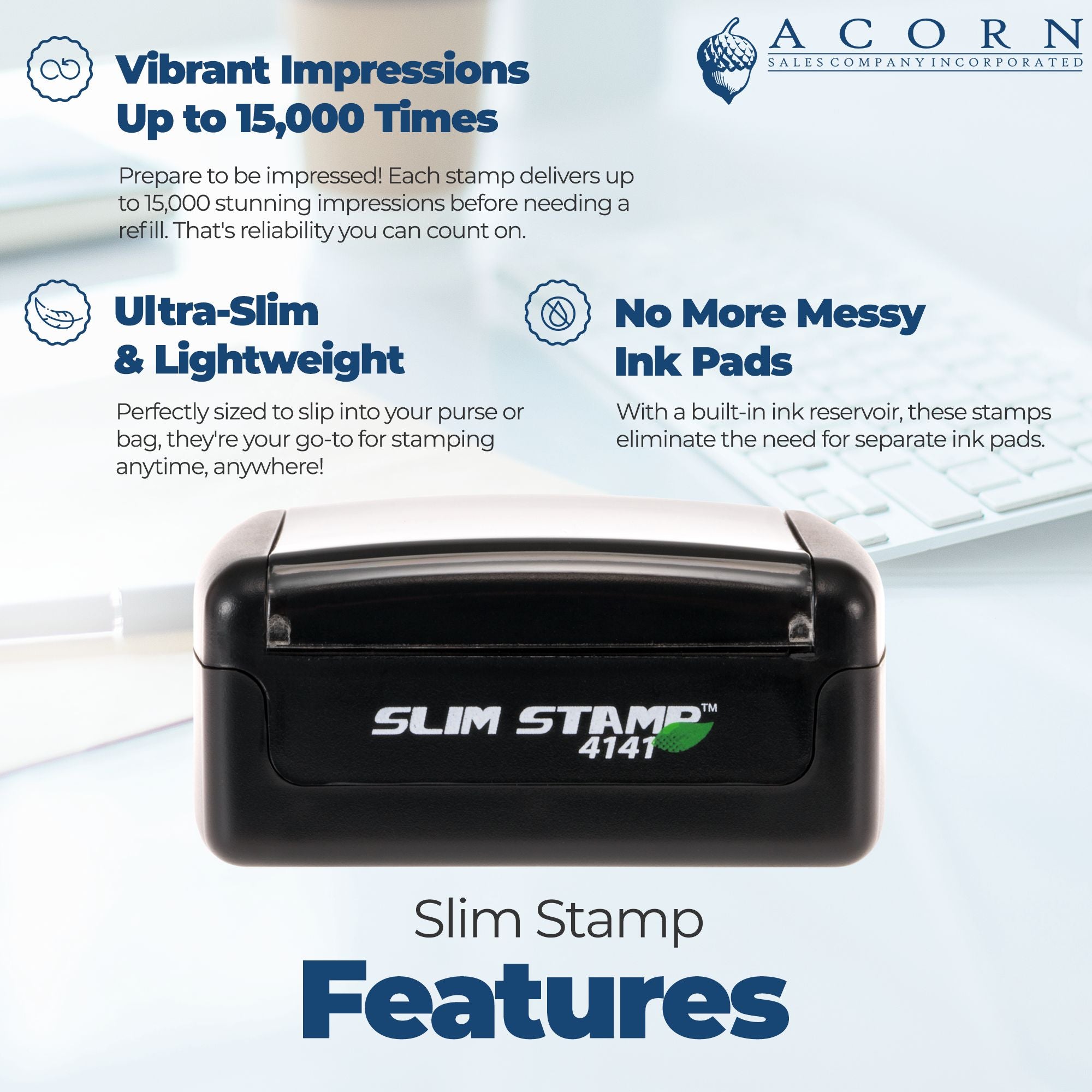 Self-inking Slim Stamp rubber stamp features: up to 15,000 impressions, ultra-slim design, built-in ink pad, lightweight portability.