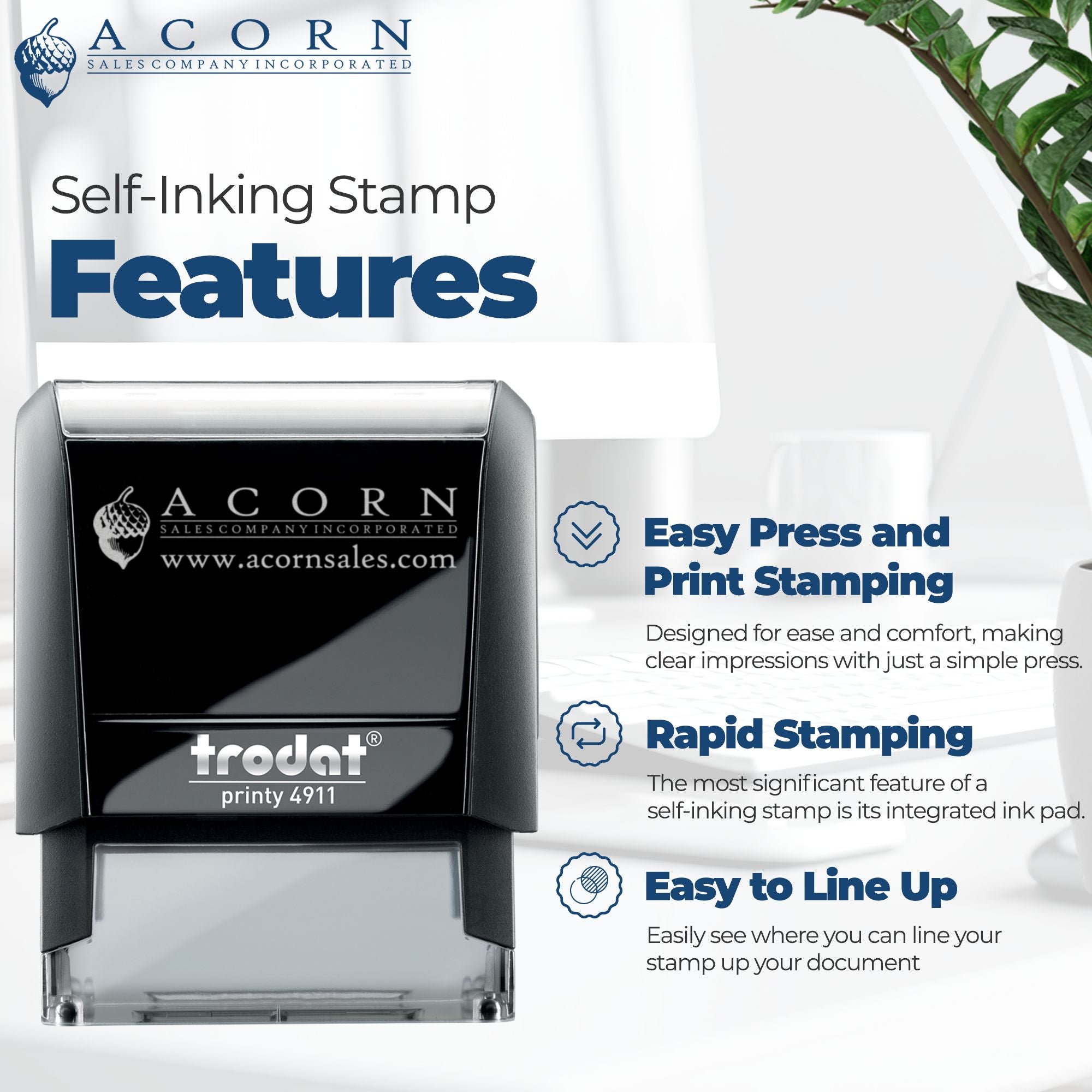 Self-inking rubber stamp features infographic with easy press, rapid printing, and line-up alignment for clear document stamping.