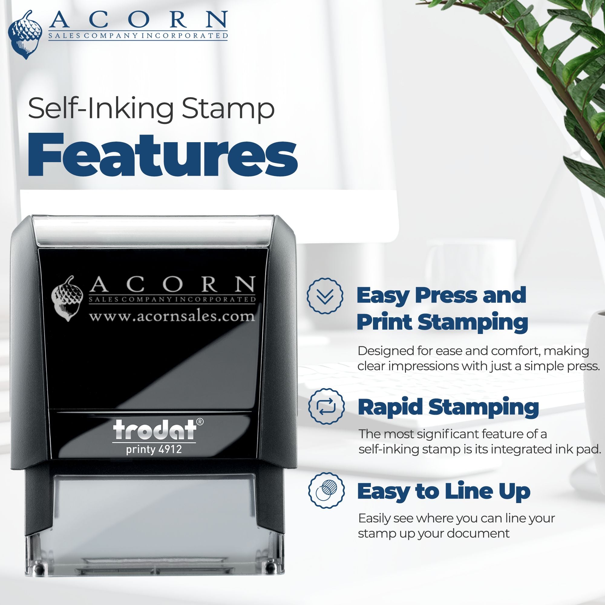 Acorn Sales self-inking rubber stamp features chart for Trodat Printy 4912, highlighting easy press, rapid stamping, clear impressions.