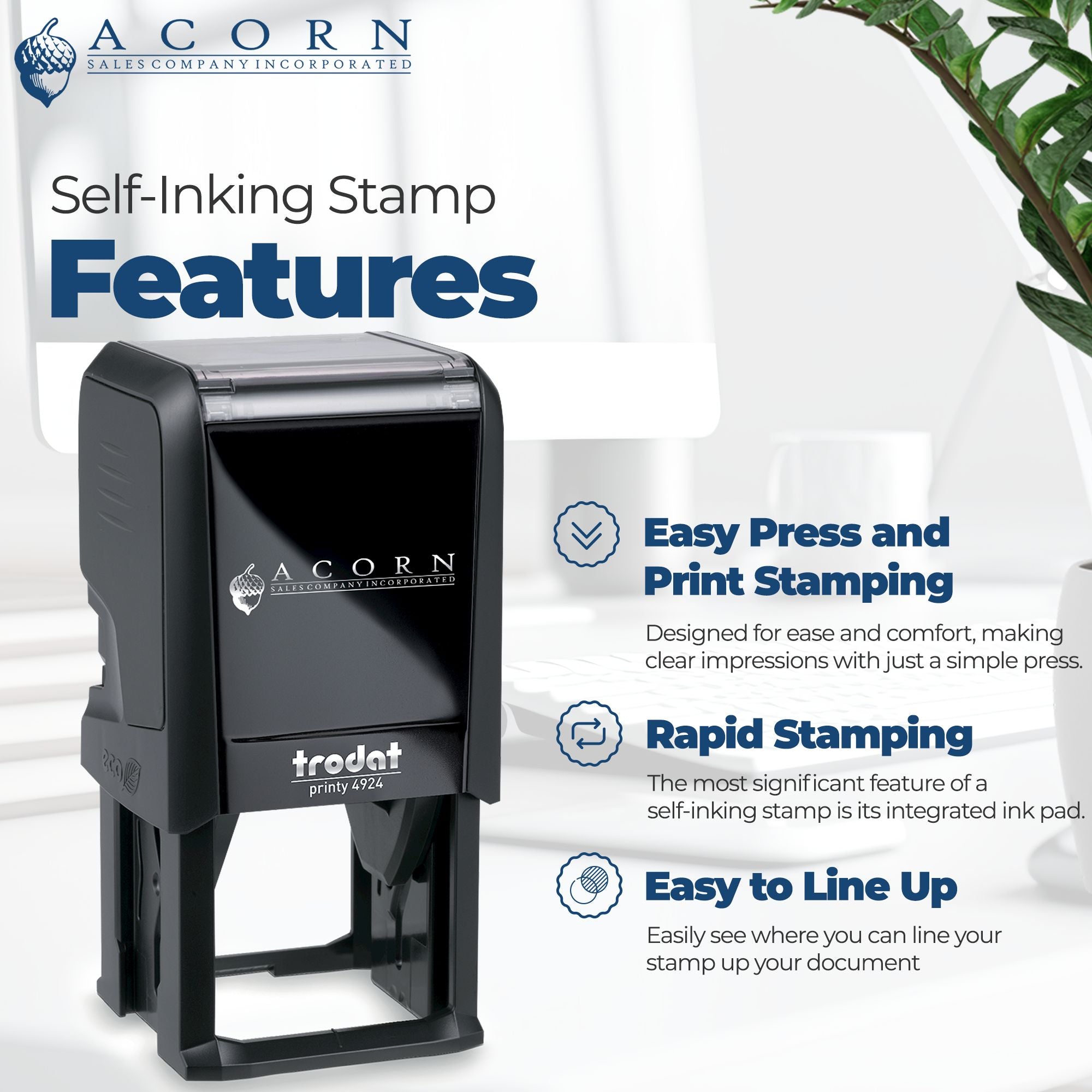 Trodat Printy 4924 self-inking rubber stamp with easy press printing, rapid stamping, and easy document alignment.
