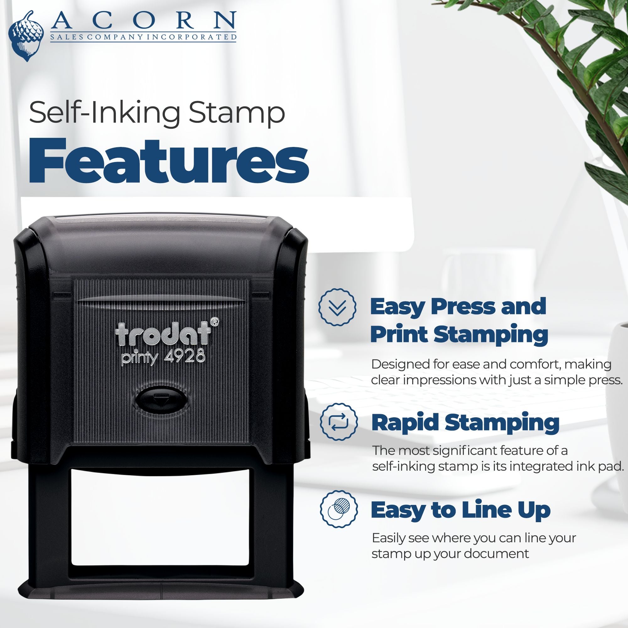 Self-inking rubber stamp features graphic showing easy press, rapid stamping, and easy alignment for clear impressions.