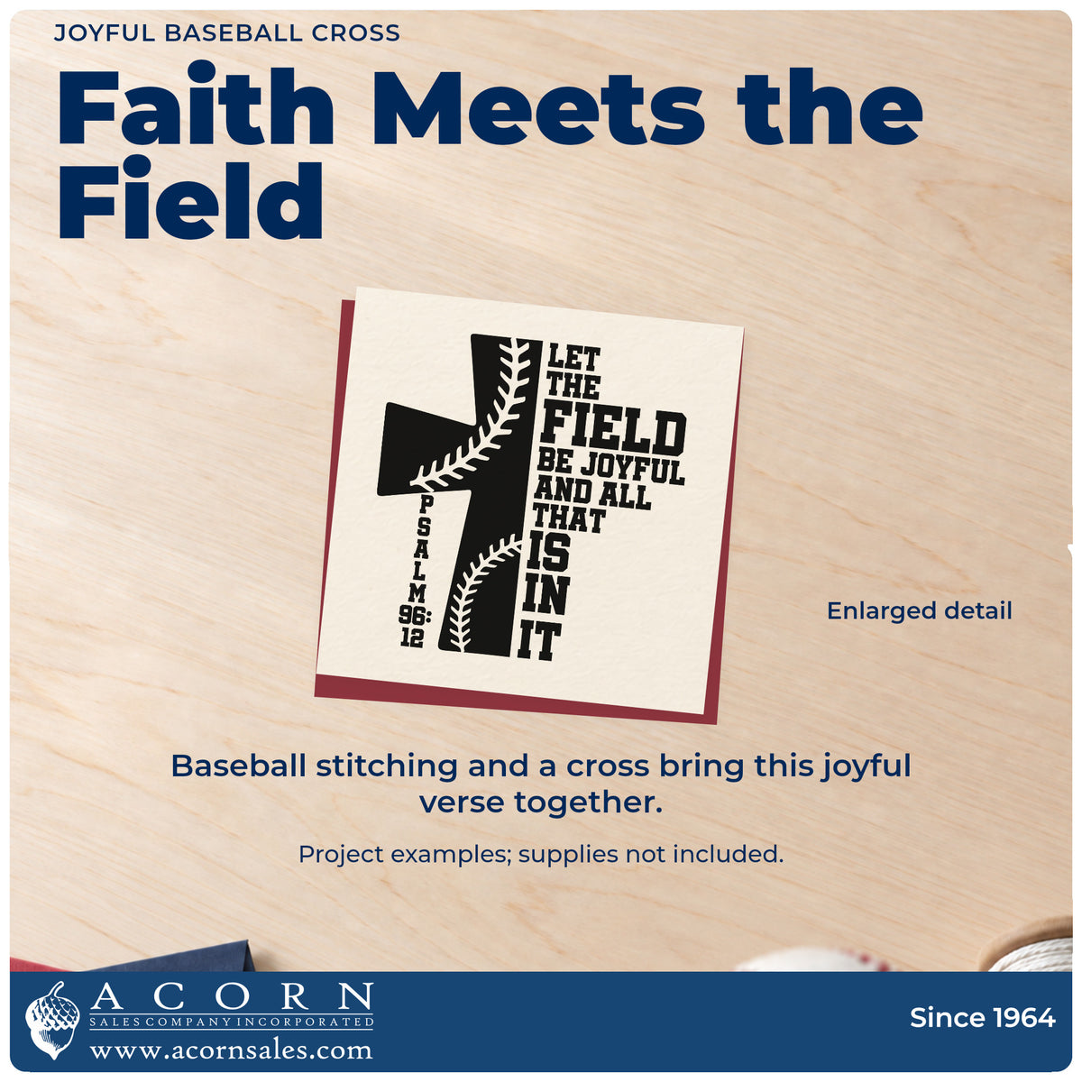 Enlarged detail of the Joyful Baseball Cross Rubber Stamp – Wood Handle imprint. A cross with baseball stitching carries "Let the field be joyful and all that is in it" and Psalm 96:12.