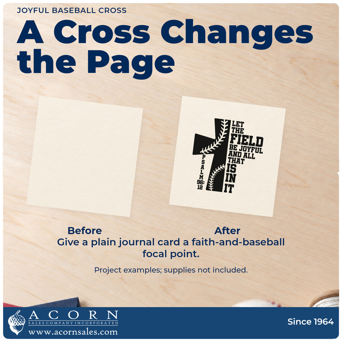 Before and after of a plain item finished with the Joyful Baseball Cross Hand Stamp – Duo, a quick upgrade for youth camp name tags.