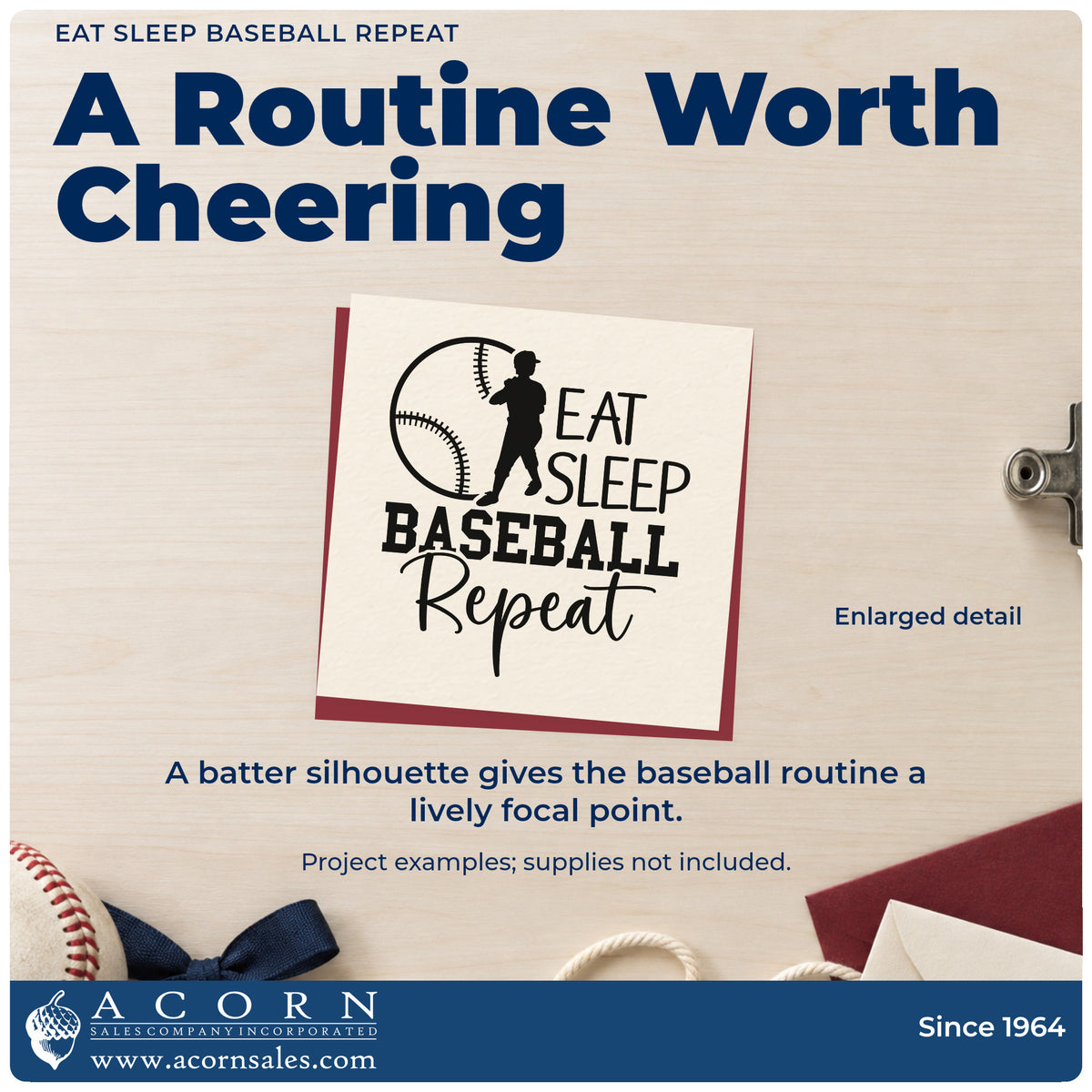 Enlarged detail of the Eat Sleep Baseball Repeat Self-Inking Craft Stamp imprint. A batter silhouette overlaps a baseball beside stacked "Eat sleep baseball repeat" lettering.